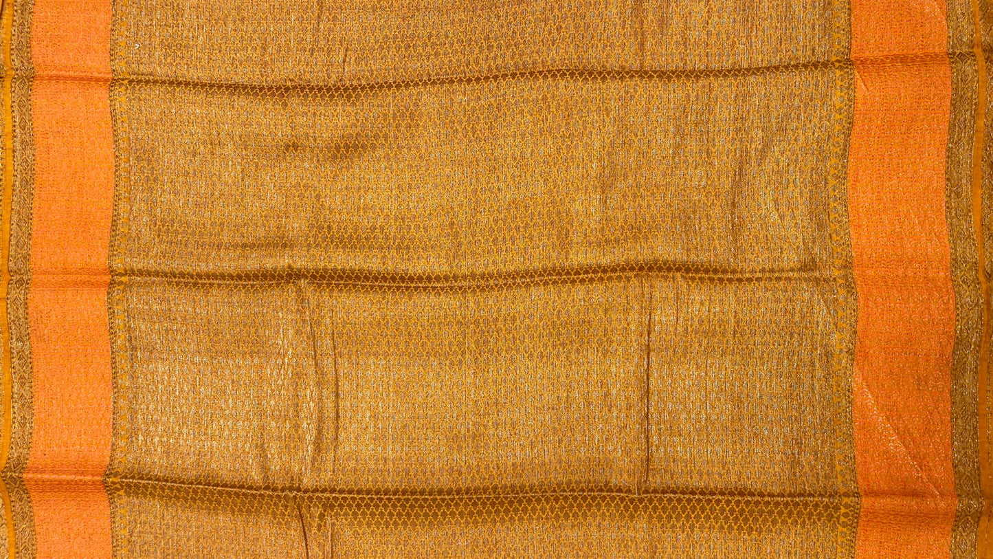Faishana Pure Handloom Gold Chiniya Silk Floral Minakari Zari Booti with Paisley Mina Zari Border and Rangkaat Paisley Pallu with Gold Blouse
