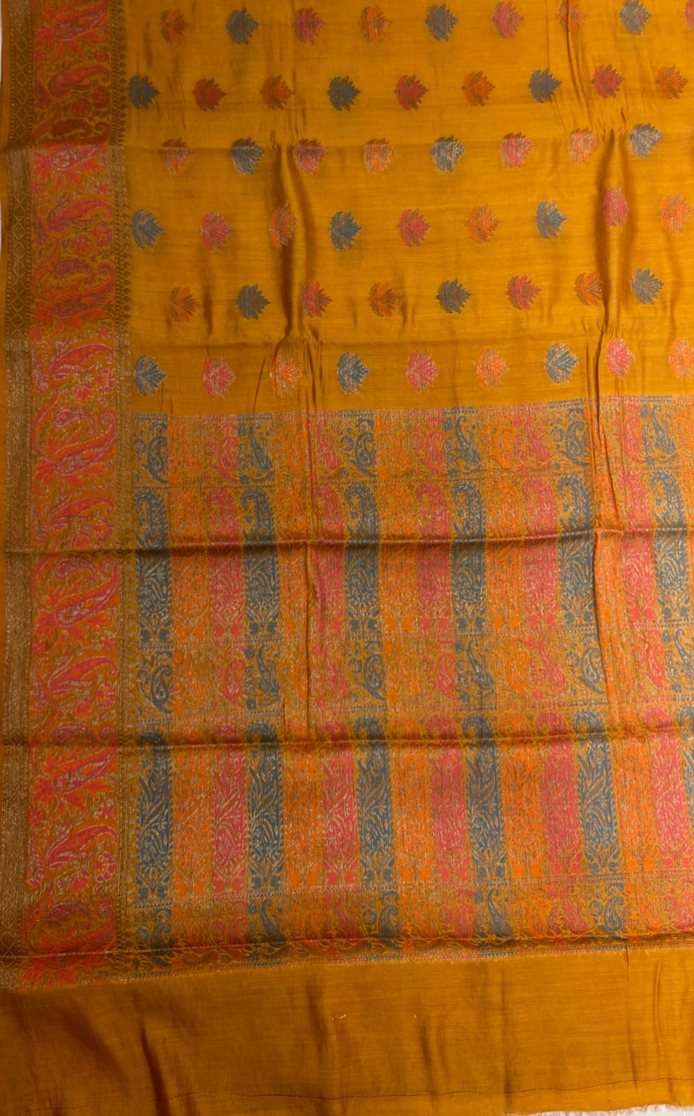 Faishana Pure Handloom Gold Chiniya Silk Floral Minakari Zari Booti with Paisley Mina Zari Border and Rangkaat Paisley Pallu with Gold Blouse