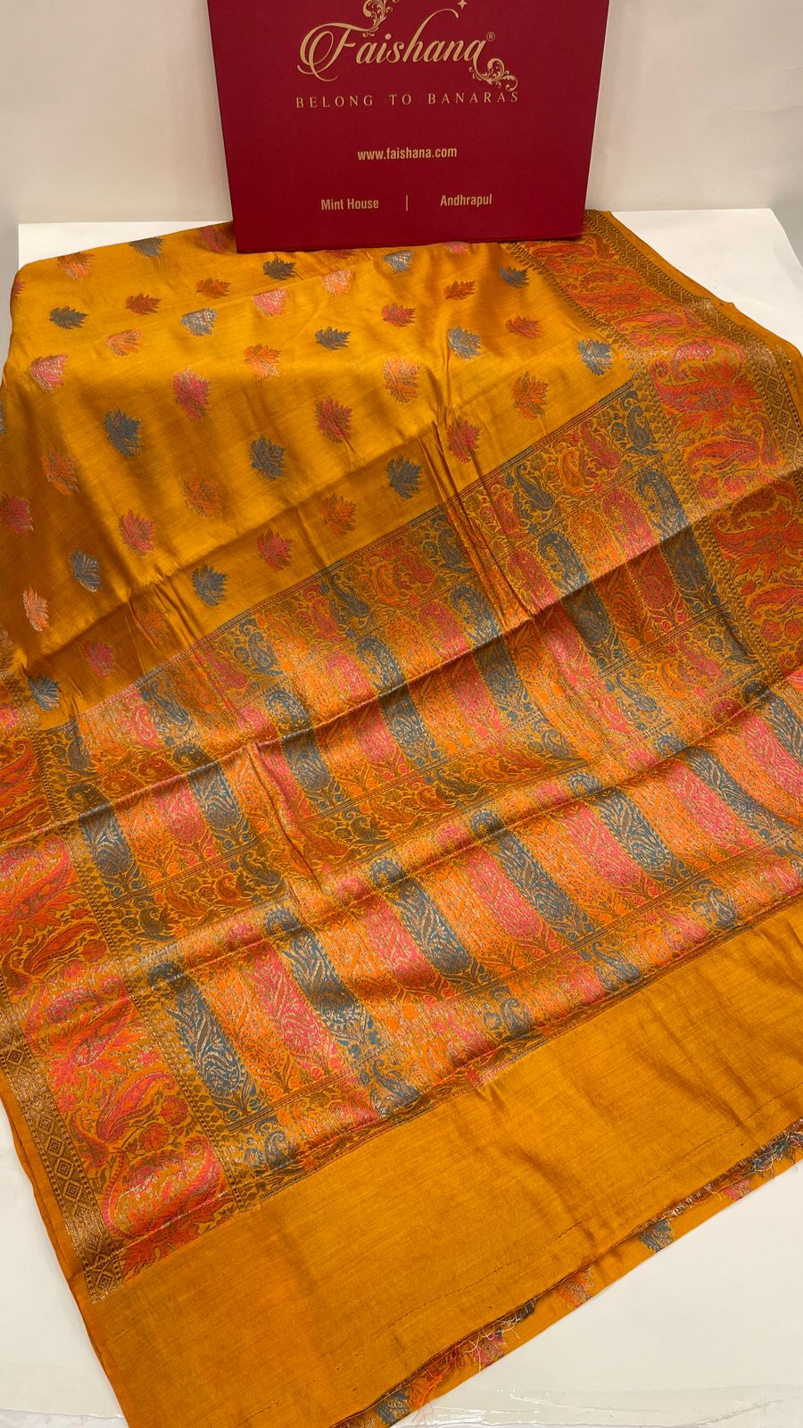 Faishana Pure Handloom Gold Chiniya Silk Floral Minakari Zari Booti with Paisley Mina Zari Border and Rangkaat Paisley Pallu with Gold Blouse