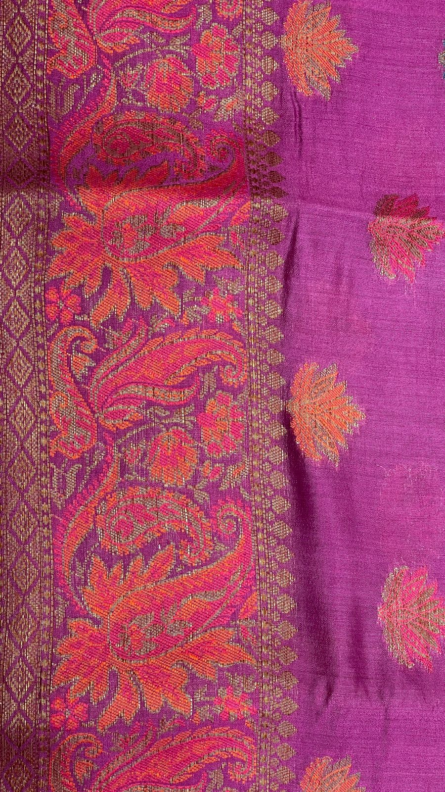 Faishana Pure Handloom Purple Chiniya Silk Floral Minakari Zari Booti with Paisley Mina Zari Border and Rangkaat Paisley Pallu with Purple Blouse