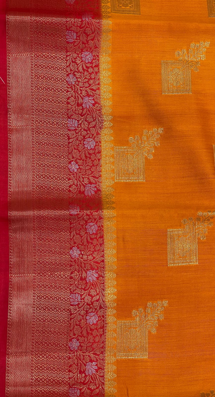 Faishana Pure Handloom Orange Chiniya Silk Golden Floral Zari Boota Contrast Red Skirt Zari Silver Mina Border and Red Blouse