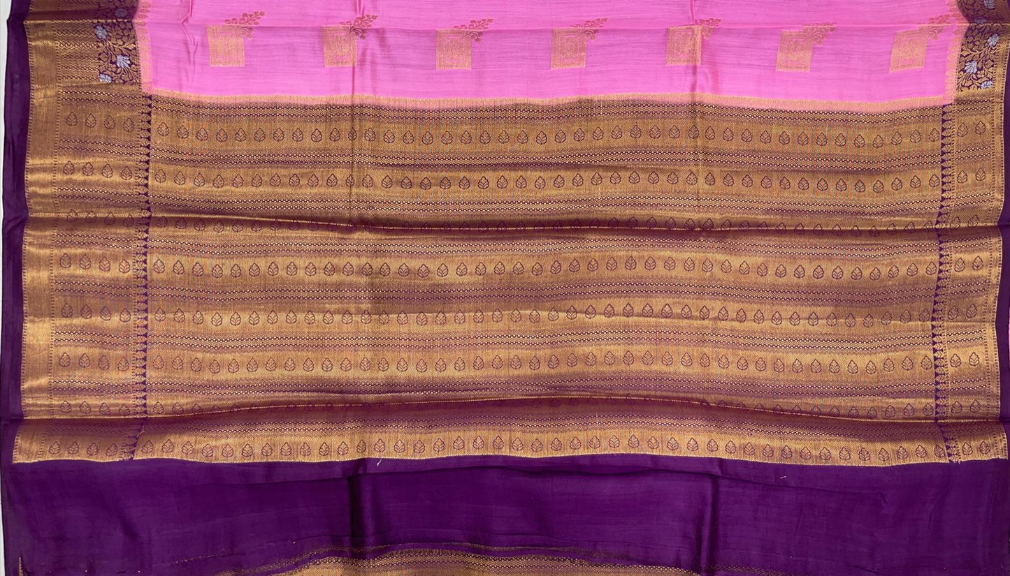 Faishana Pure Handloom Baby Pink Chiniya Silk Golden Floral Zari Boota Contrast Purple Skirt Zari Silver Mina Border and Purple Blouse