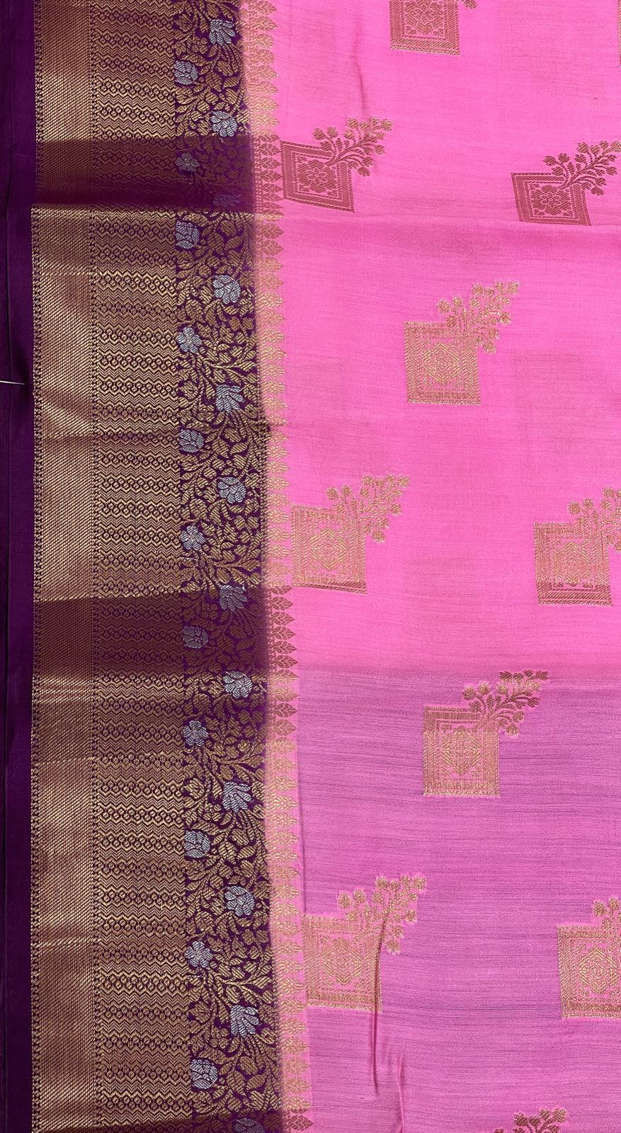 Faishana Pure Handloom Baby Pink Chiniya Silk Golden Floral Zari Boota Contrast Purple Skirt Zari Silver Mina Border and Purple Blouse