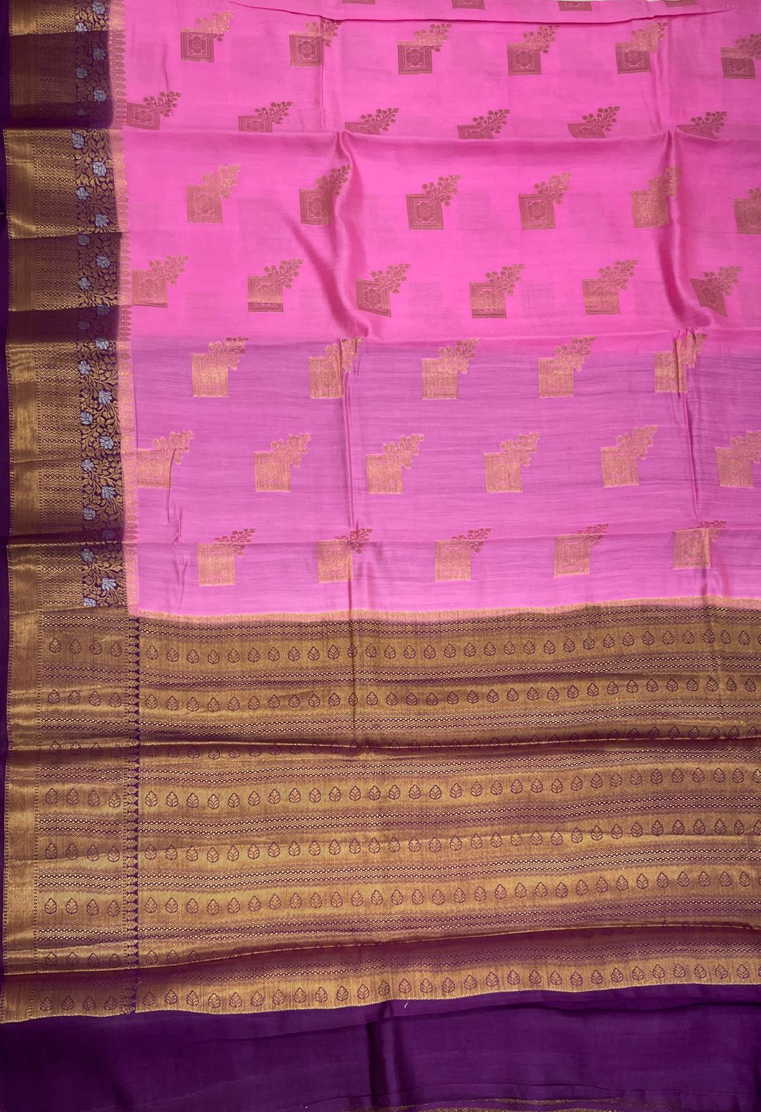 Faishana Pure Handloom Baby Pink Chiniya Silk Golden Floral Zari Boota Contrast Purple Skirt Zari Silver Mina Border and Purple Blouse