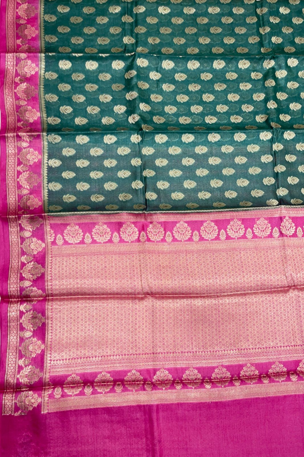 Faishana Pure Handwoven Dark Green Tussar Silk Floral Mina Zari Booti with Contrast Pink Mina Floral Zari Border and Pallu with Pink Blouse