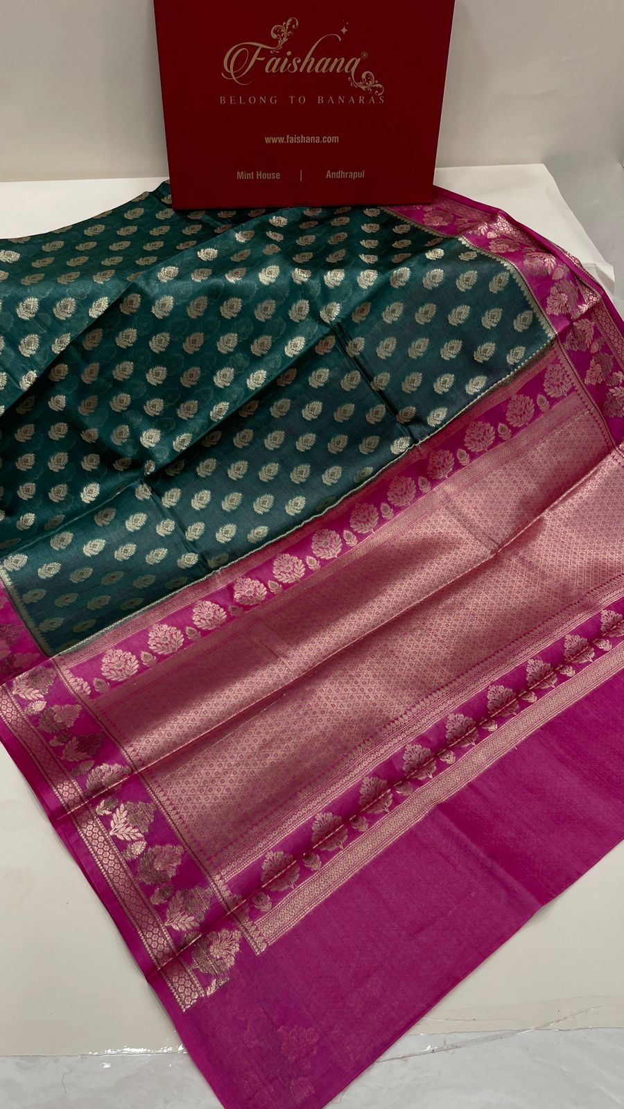 Faishana Pure Handwoven Dark Green Tussar Silk Floral Mina Zari Booti with Contrast Pink Mina Floral Zari Border and Pallu with Pink Blouse