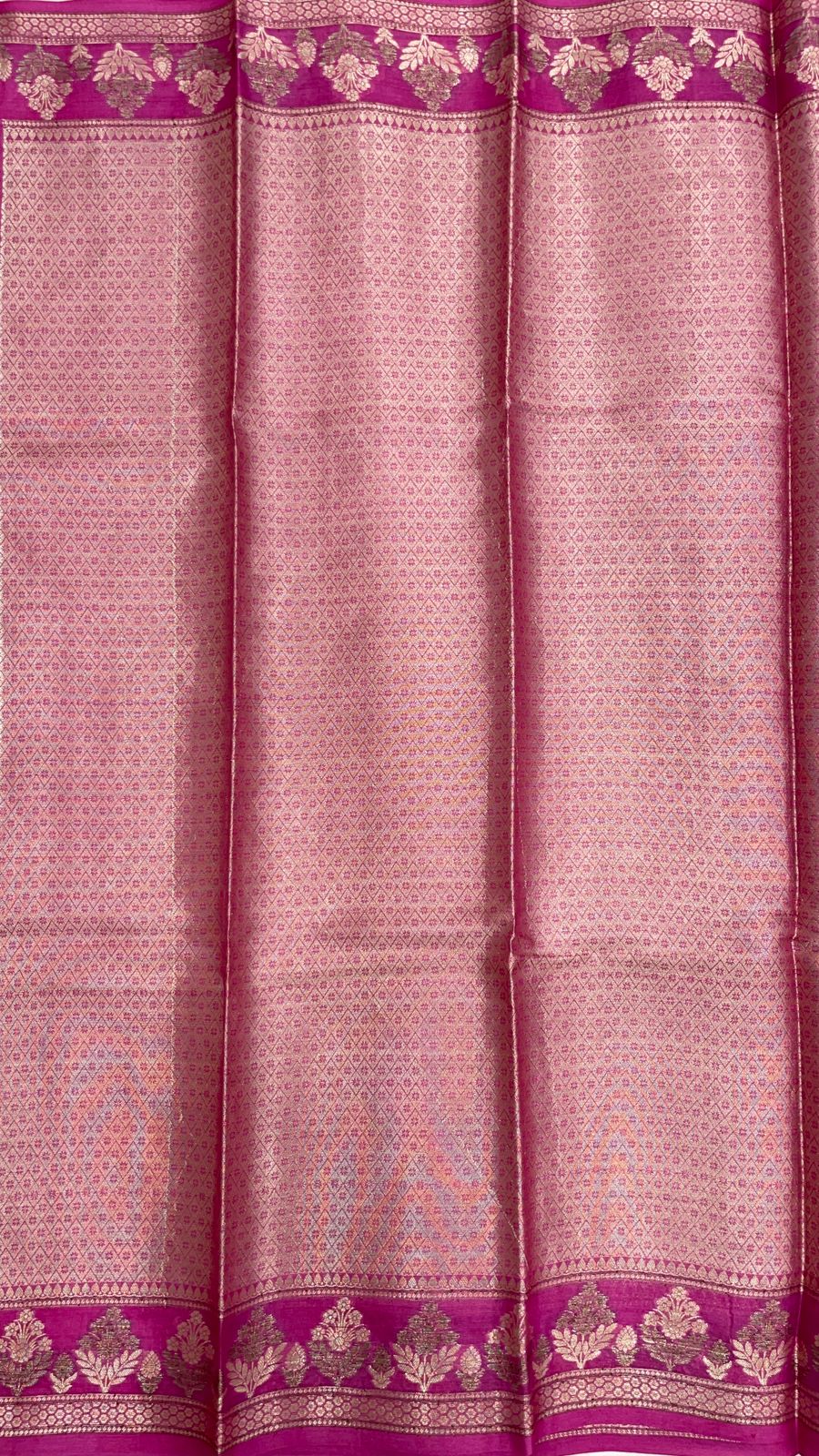 Faishana Pure Handwoven Dark Green Tussar Silk Floral Mina Zari Booti with Contrast Pink Mina Floral Zari Border and Pallu with Pink Blouse