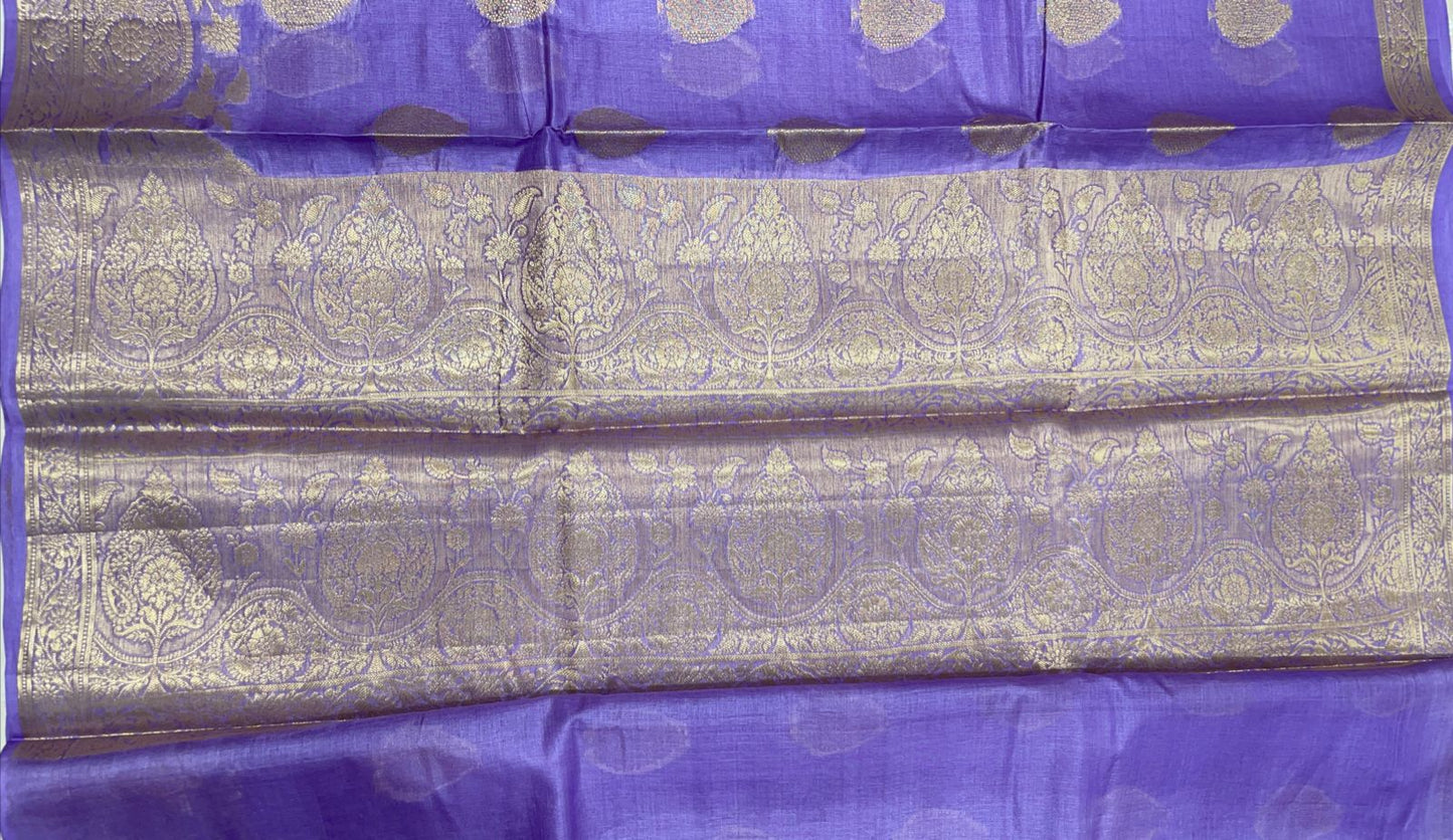 Faishana Pure Handwoven Purple Tussar Silk Copper Floral Zari Booti with Leheriya Zari Border and Big Boota Pallu with Violet Blouse