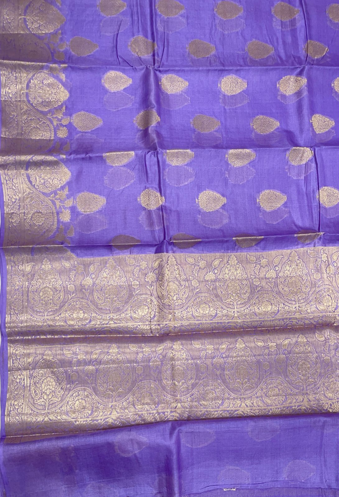 Faishana Pure Handwoven Purple Tussar Silk Copper Floral Zari Booti with Leheriya Zari Border and Big Boota Pallu with Violet Blouse
