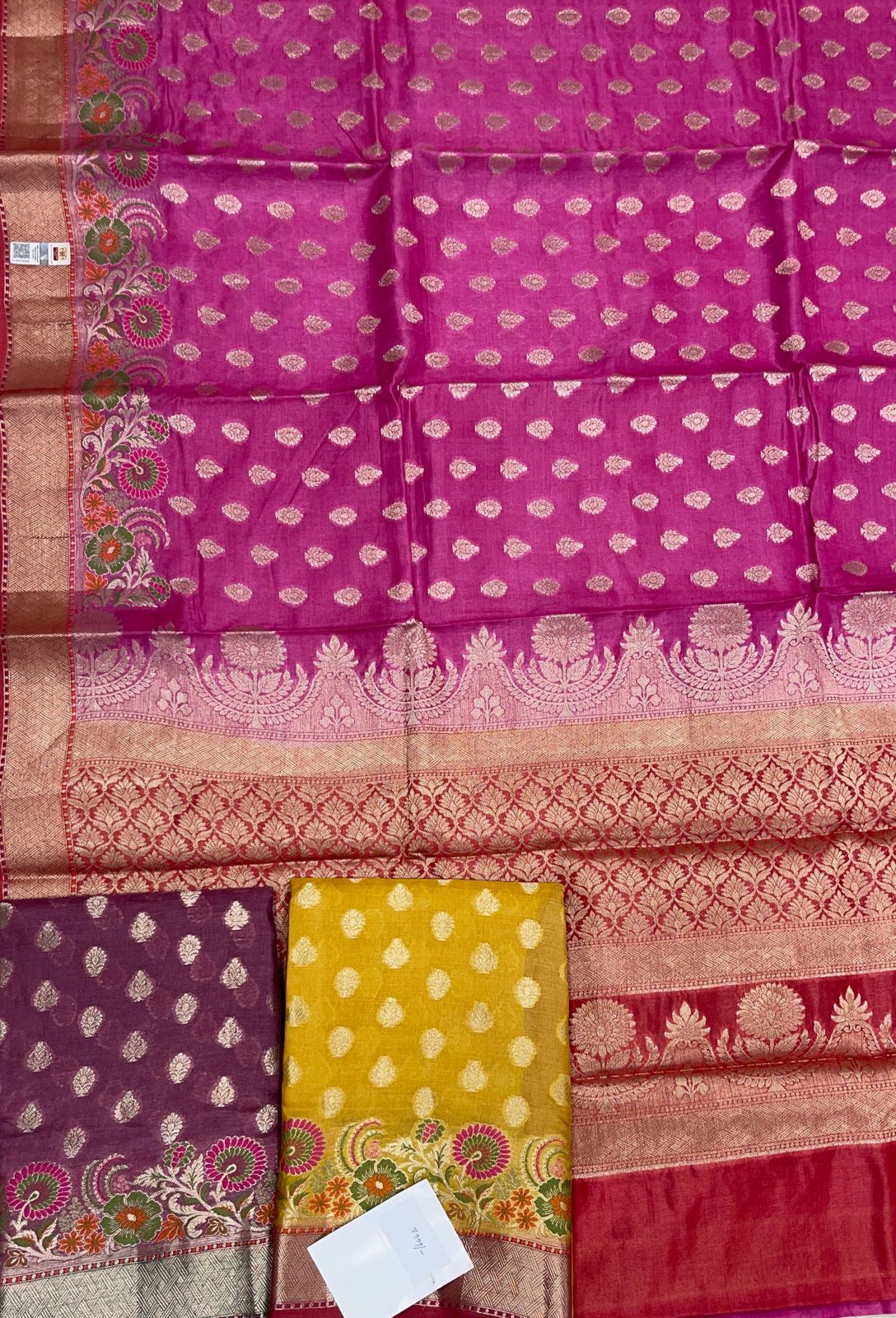 Faishana Pure Handwoven Magenta Tussar Silk Floral Zari Booti Skirt Mina Floral Zari Red Border with Red Blouse Piece
