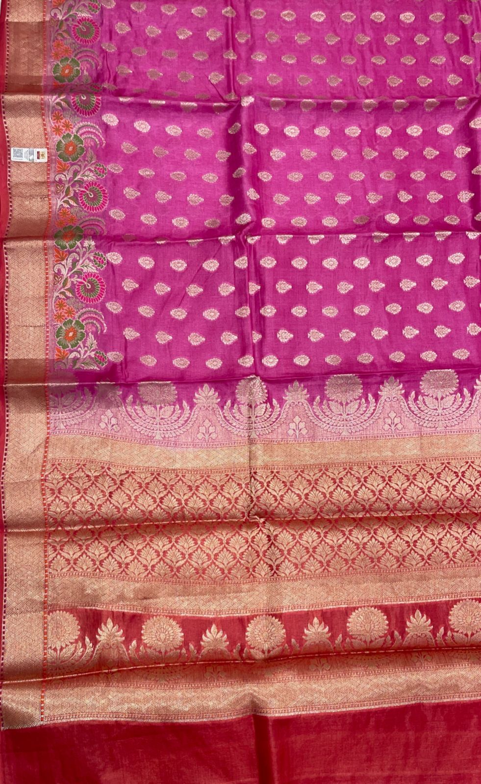 Faishana Pure Handwoven Magenta Tussar Silk Floral Zari Booti Skirt Mina Floral Zari Red Border with Red Blouse Piece