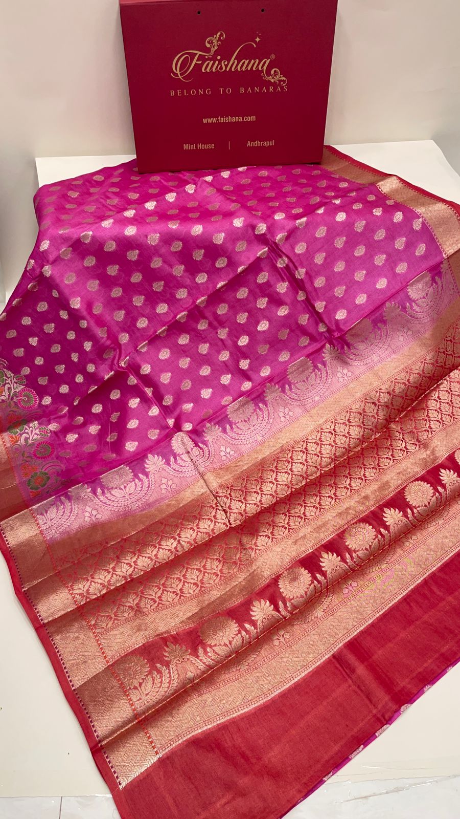 Faishana Pure Handwoven Magenta Tussar Silk Floral Zari Booti Skirt Mina Floral Zari Red Border with Red Blouse Piece