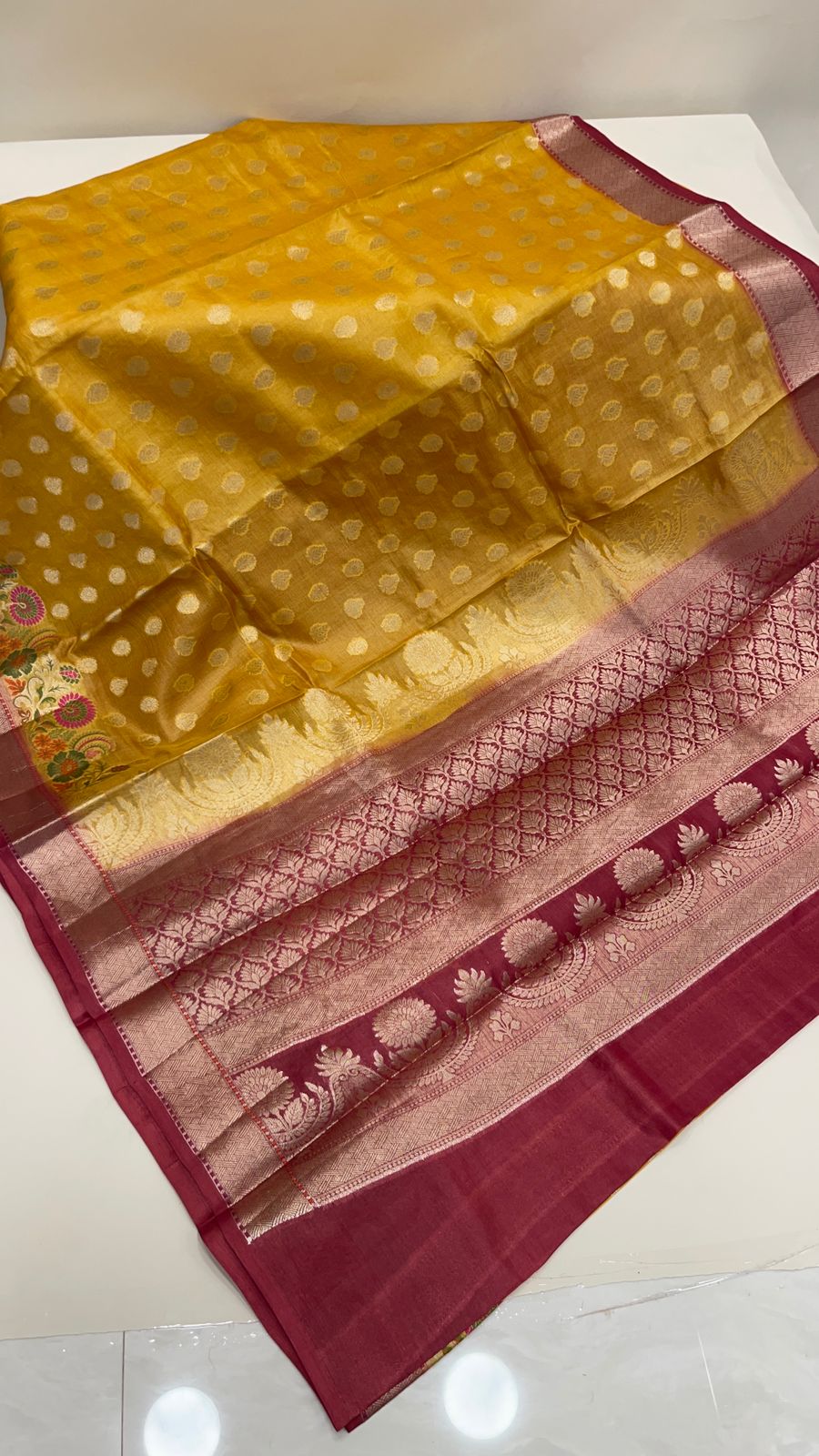 Faishana Pure Handwoven Mustard Yellow Tussar Silk Floral Zari Booti Skirt Mina Floral Zari Maroon Border and Pallu with Maroon Blouse Piece