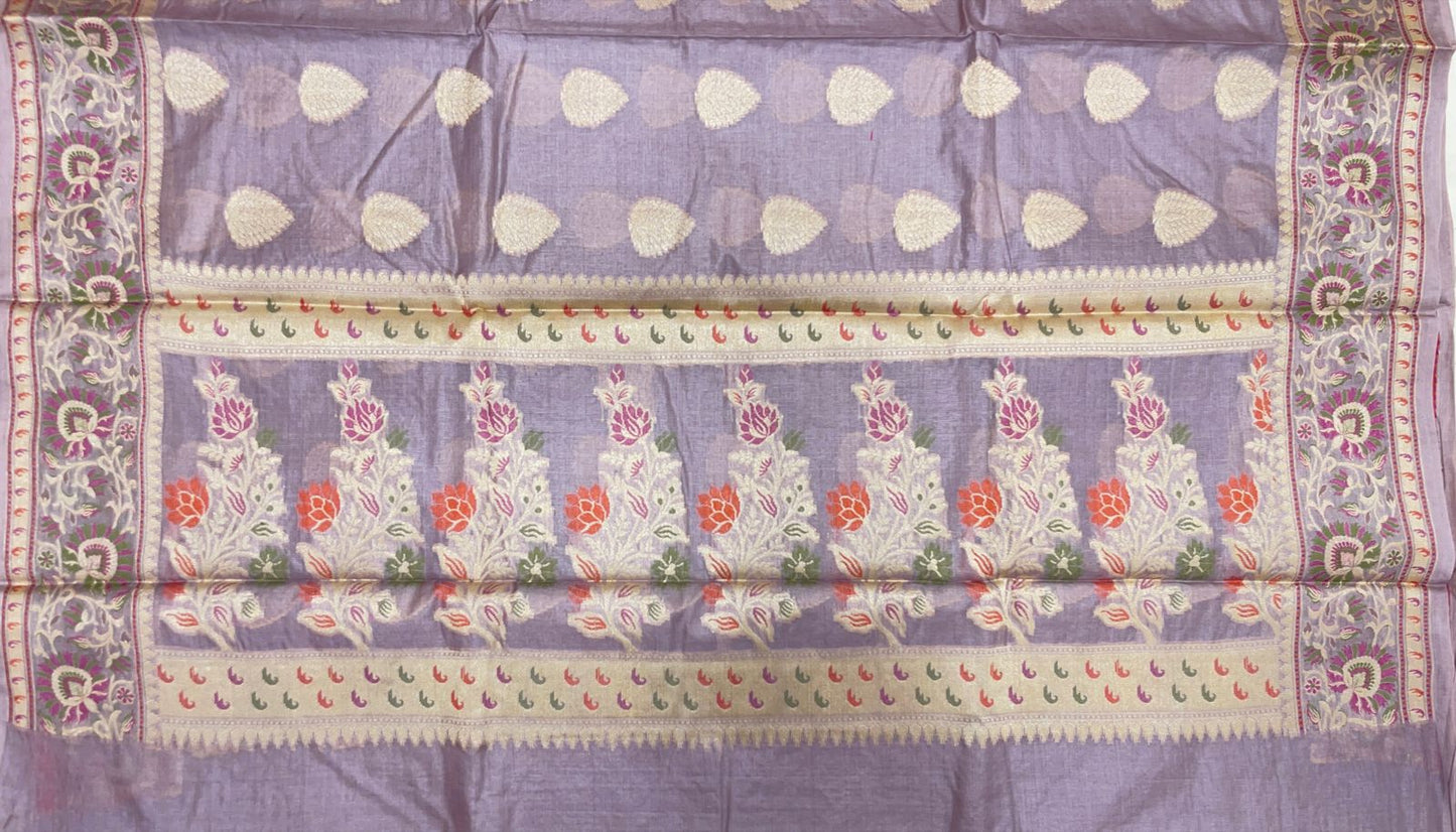 Faishana Pure Handwoven Light Purple Tussar Silk Floral Zari Boota Alfi Mina Zari Border and Pallu with Light Purple Blouse