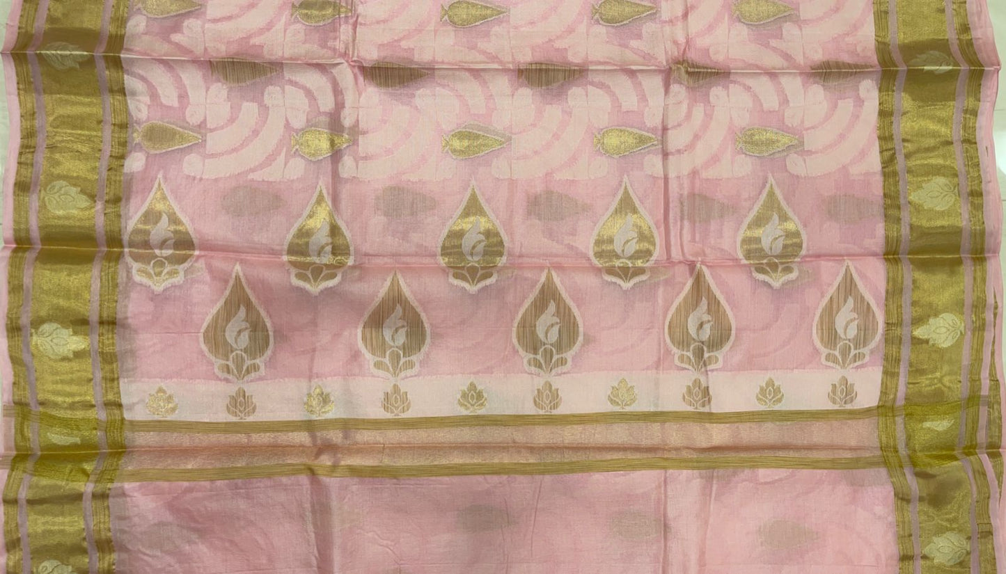 Faishana Pure Handwoven Baby Pink Tussar Silk Floral Zari Boota Banarasi Floral Zari Border and Pallu with Pink Blouse