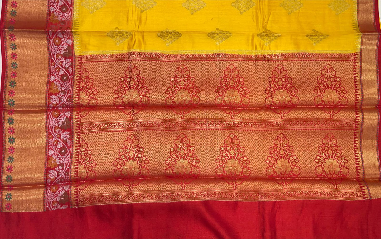 Faishana Pure Handloom Yellow Chiniya Silk Golden Floral Zari Booti Contrast Maroon Skirt Silver Mina Zari Dual Border and Maroon Floral Boota Pallu with Maroon Blouse