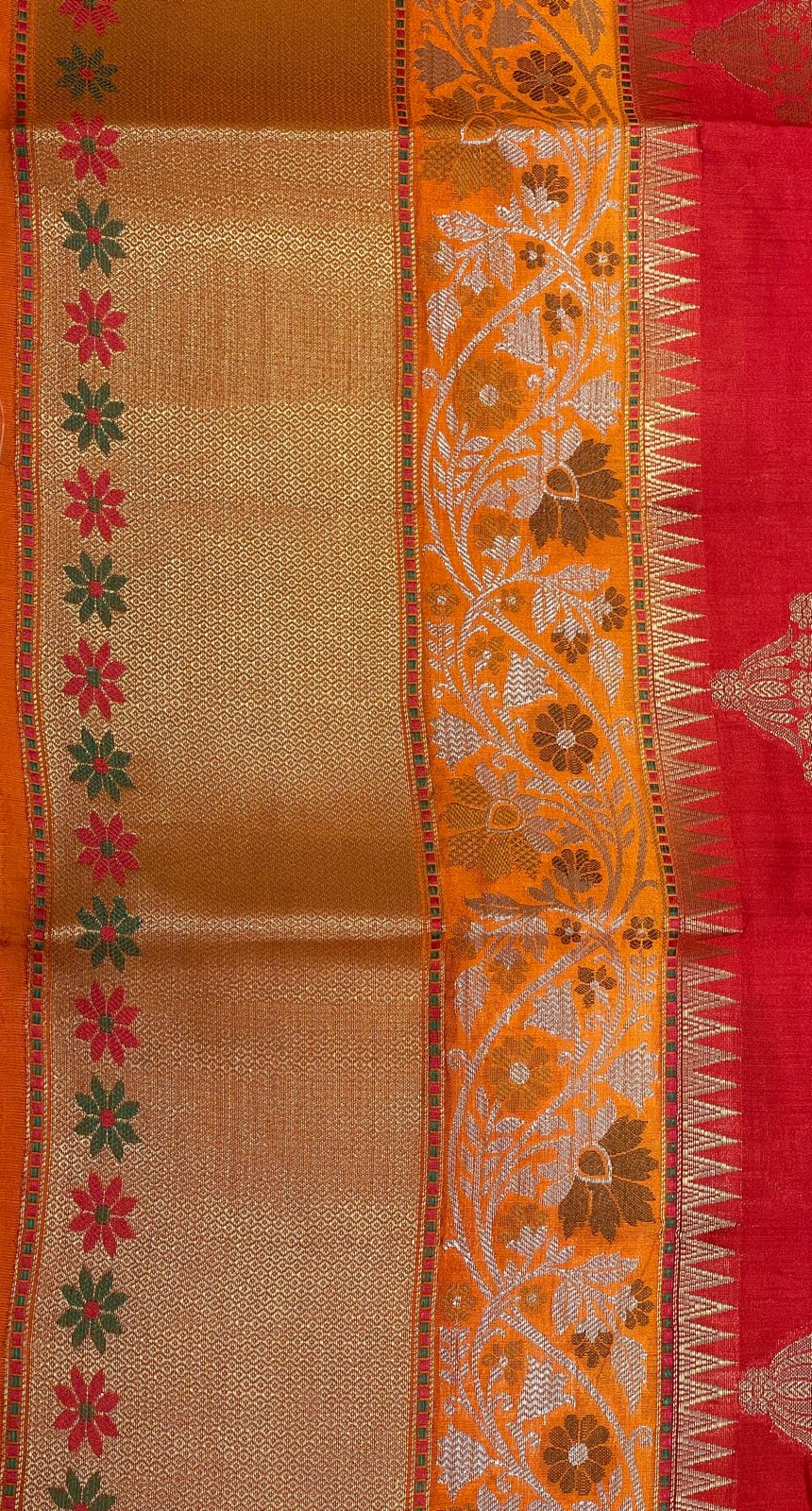 Faishana Pure Handloom Red Chiniya Silk Golden Floral Zari Booti Contrast Orange Skirt Silver Mina Zari Dual Border and Orange Floral Boota Pallu with Orange Blouse