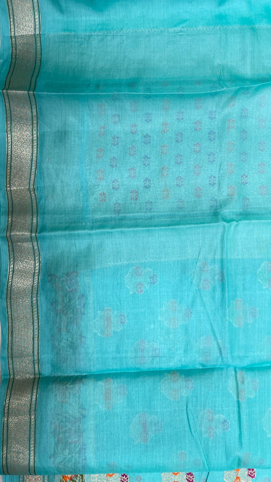 Faishana Pure Handwoven Sky Blue Tussar Silk Golden Floral Zari Mina Booti with Paithani Zari Border and Minakari Pallu with Sky Blue Blouse