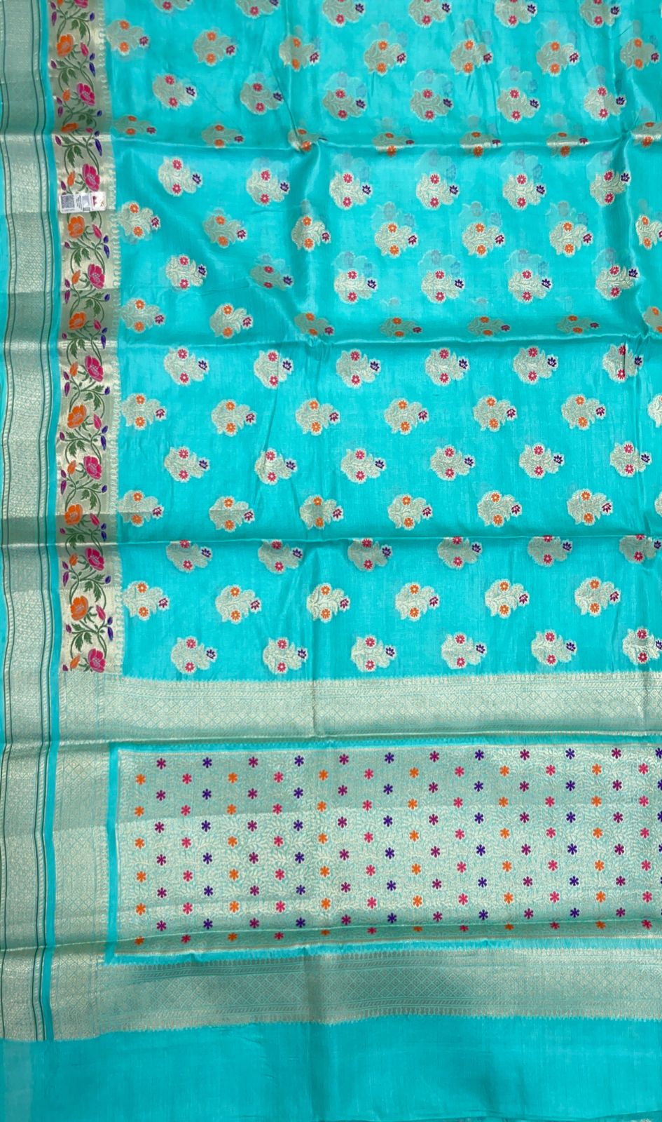 Faishana Pure Handwoven Sky Blue Tussar Silk Golden Floral Zari Mina Booti with Paithani Zari Border and Minakari Pallu with Sky Blue Blouse