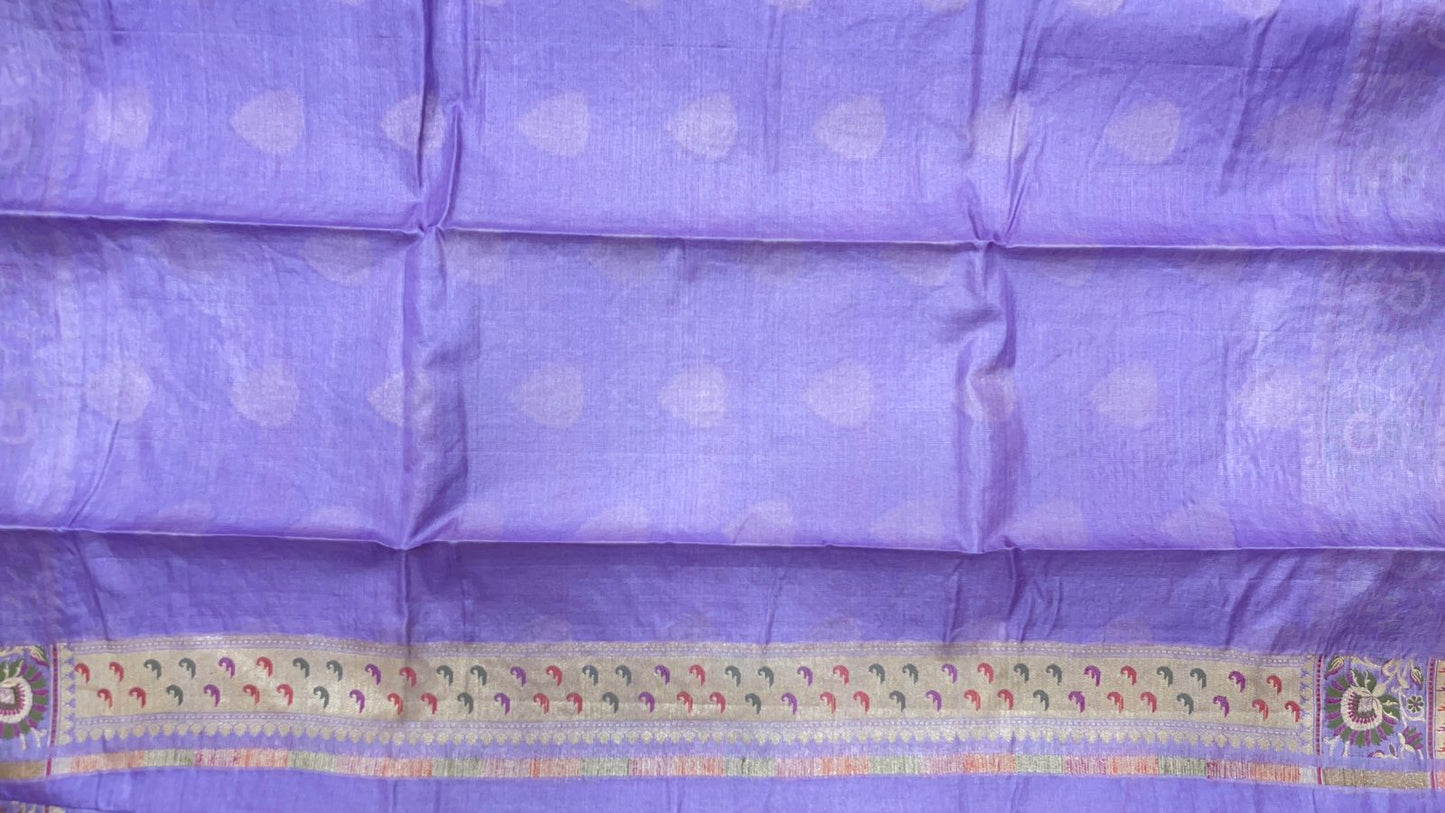 Faishana Pure Handwoven Light Purple Tussar Silk Floral Zari Boota Alfi Mina Zari Border and Pallu with Light Purple Blouse