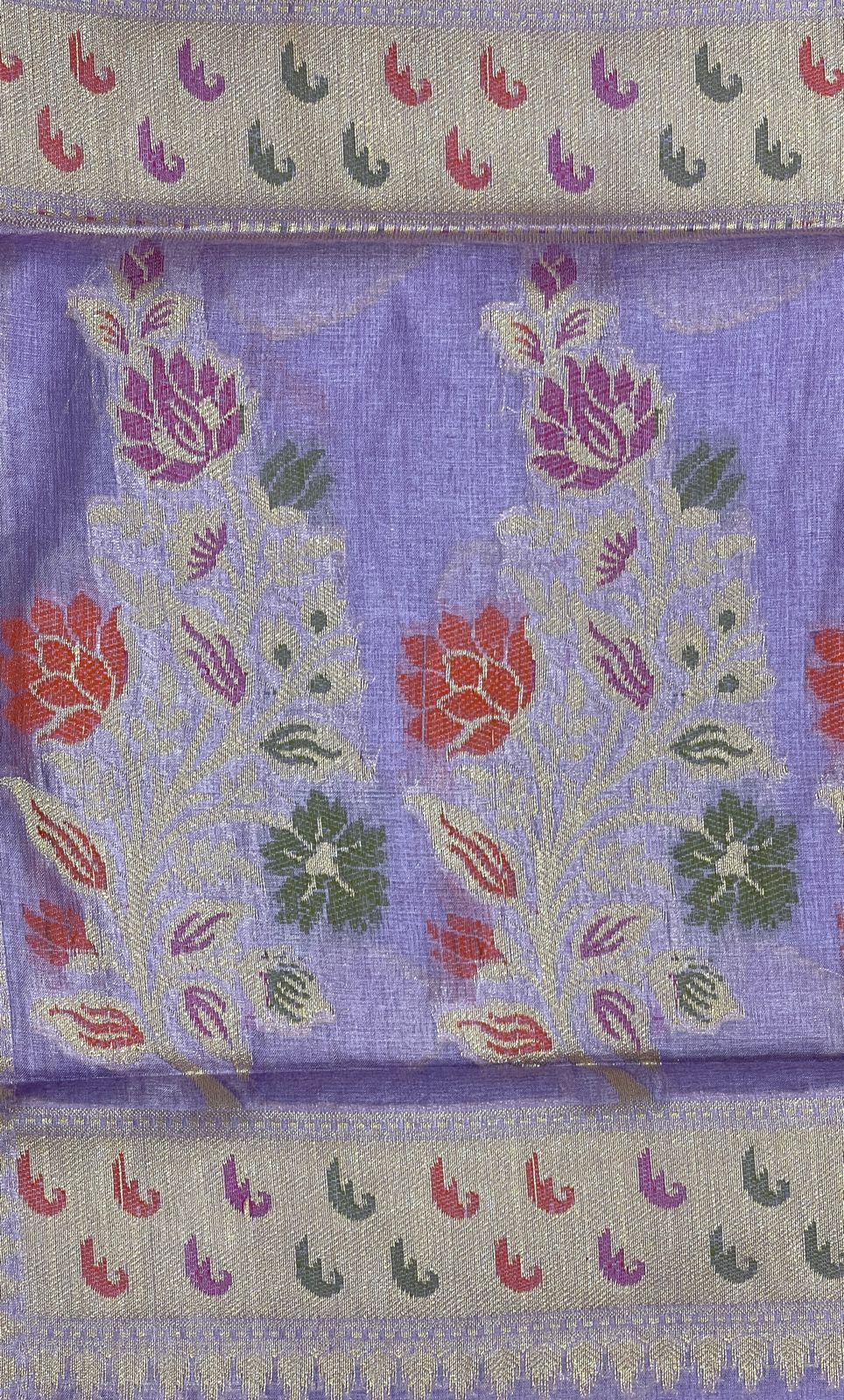 Faishana Pure Handwoven Light Purple Tussar Silk Floral Zari Boota Alfi Mina Zari Border and Pallu with Light Purple Blouse