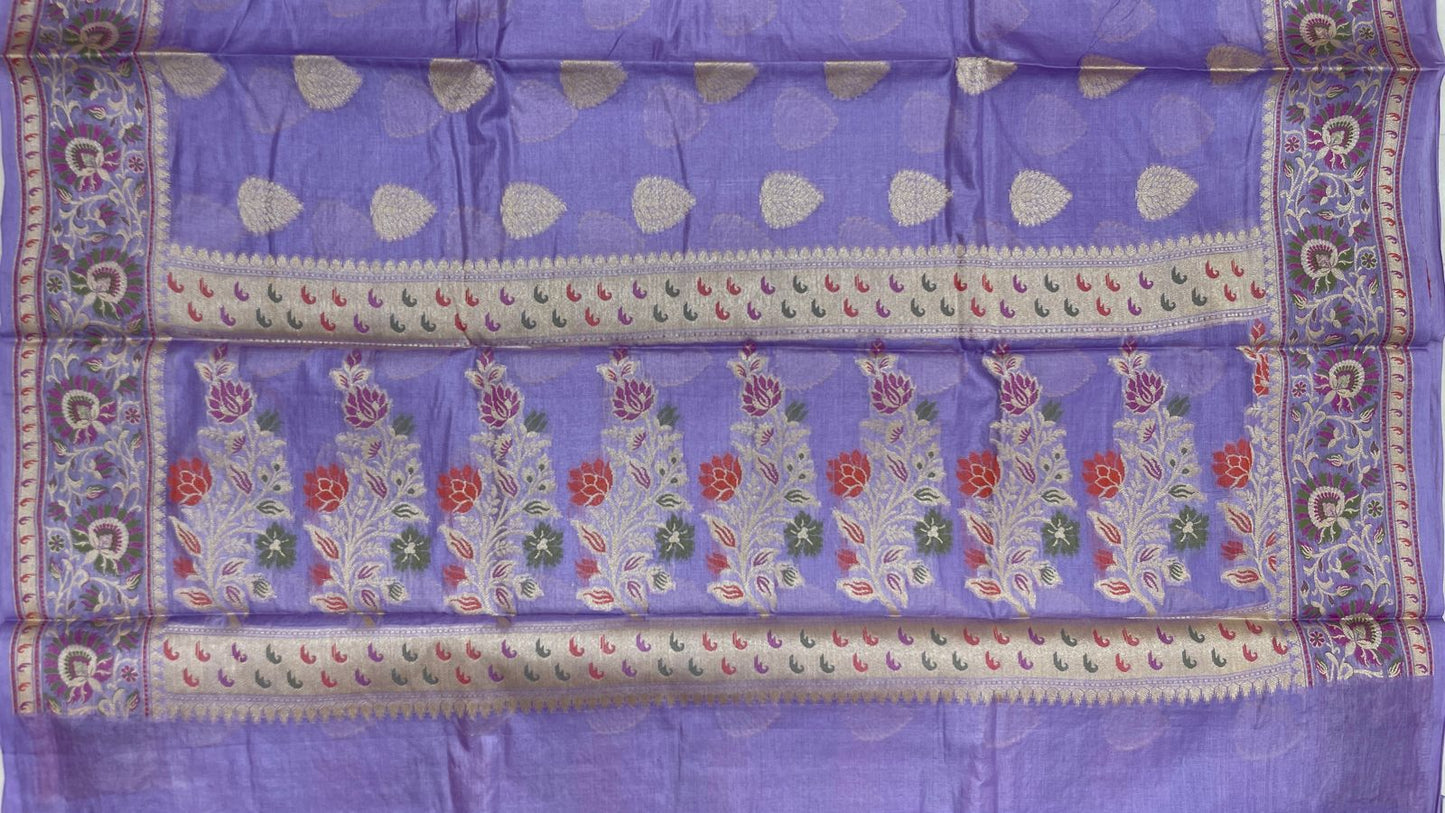Faishana Pure Handwoven Light Purple Tussar Silk Floral Zari Boota Alfi Mina Zari Border and Pallu with Light Purple Blouse