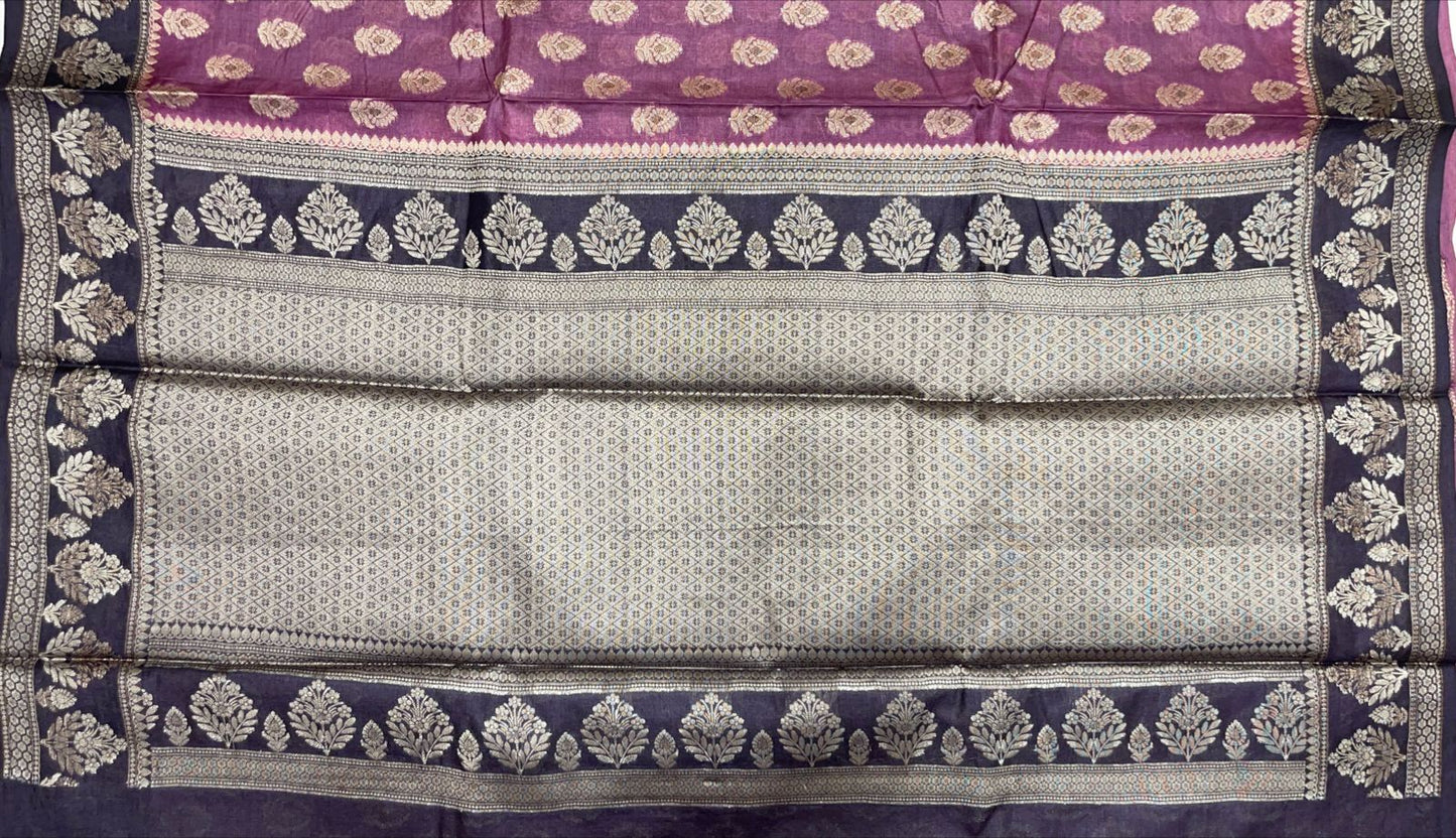 Faishana Pure Handwoven Light Purple Tussar Silk Floral Mina Zari Booti with Contrast Black Mina Floral Zari Border and Pallu with Black Blouse