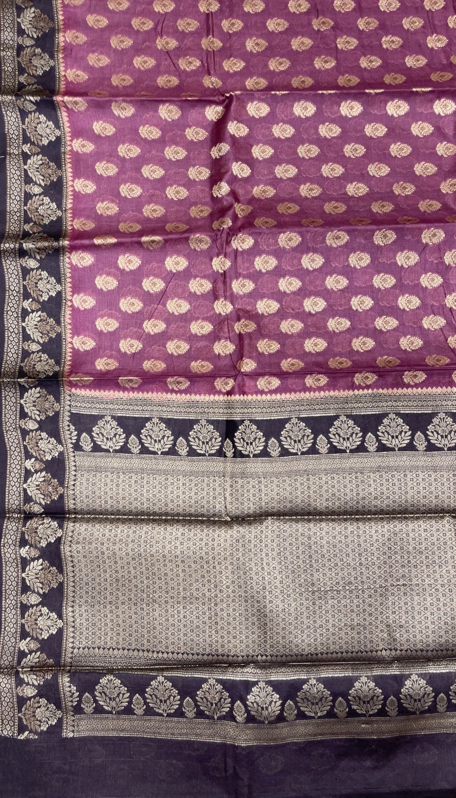 Faishana Pure Handwoven Light Purple Tussar Silk Floral Mina Zari Booti with Contrast Black Mina Floral Zari Border and Pallu with Black Blouse