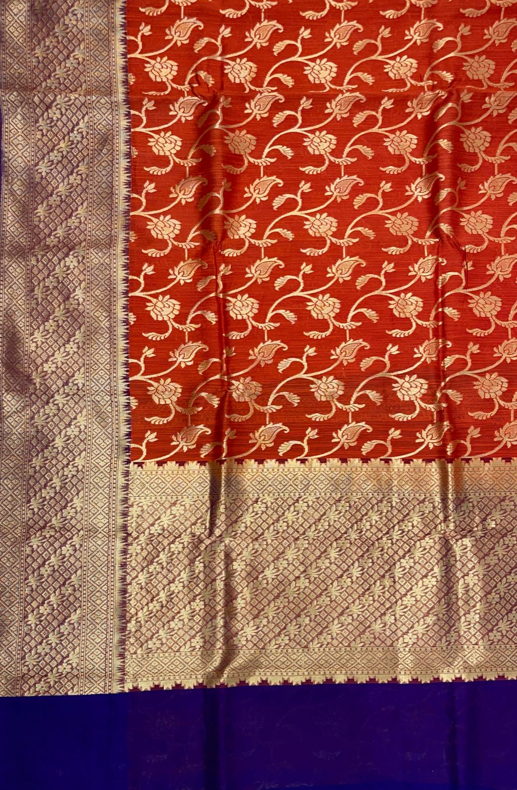 Faishana Pure Handloom Red Cotton Linen Golden Zari Floral Tilfi Jaal with Contrast Blue Ada Stripe Zari Pallu and Border with Blue Blouse