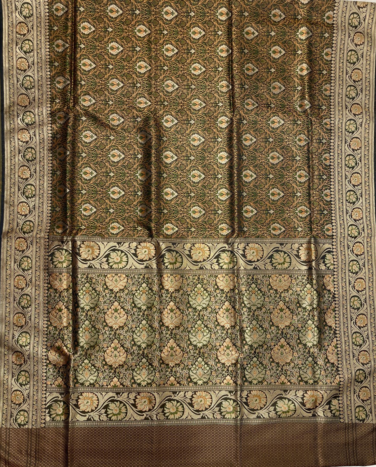 Faishana Presents Dark Green Katan Silk Tanchoi Floral Zari Mina Booti Jaal with Banarasi Floral Minakari Zari Border and Big Boota Pallu with Dark Green Blouse