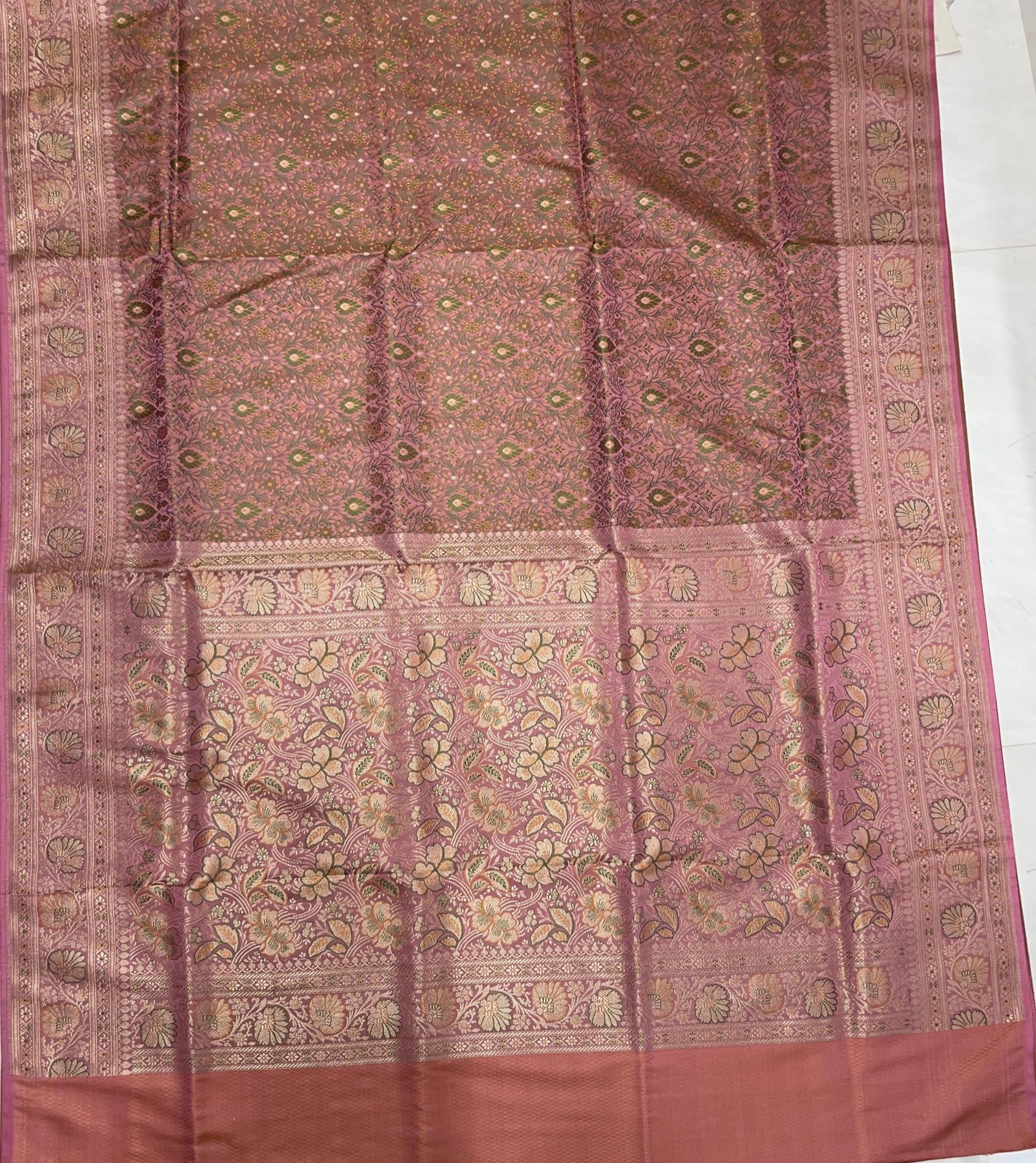 Faishana Presents Mauve Katan Silk Tanchoi Floral Zari Mina Jaal with Banarasi Floral Minakari Zari Border and Big Boota Pallu with Mauve Blouse