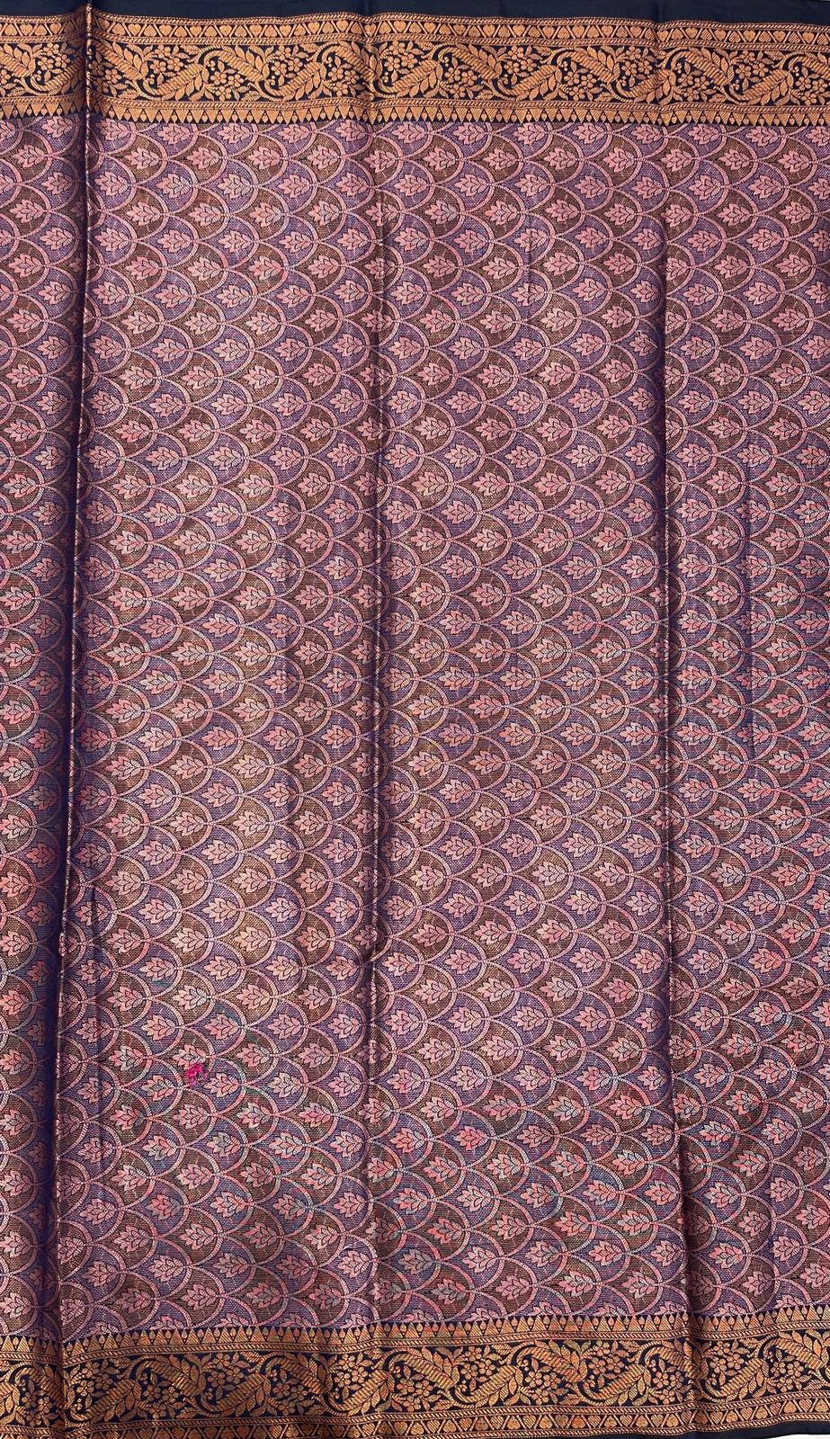 Faishana Presents Navy Blue Cotton Floral Leaf Boota with Golden Paisley Zari Border and Copper Banarasi Pallu with Navy Blue Blouse