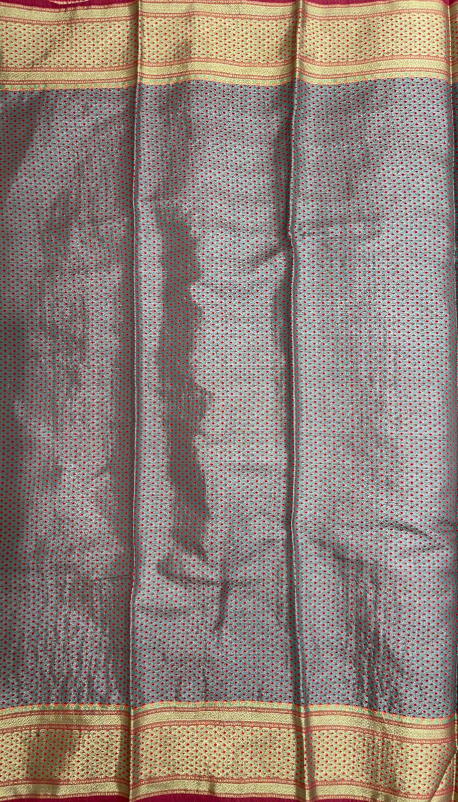 Faishana Presents Grey Cotton Floral Leaf Boota with Golden Paisley Zari Border and Copper Banarasi Pallu with Grey Blouse