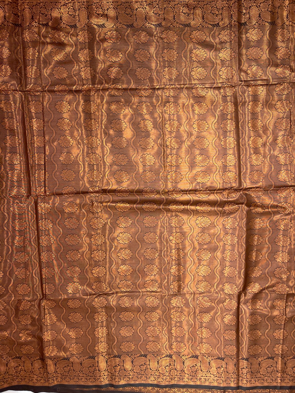 Faishana Presents Black Art Silk Copper Zari Floral Boota Contrast Copper Zari Border and Banarasi Pallu with Black Blouse