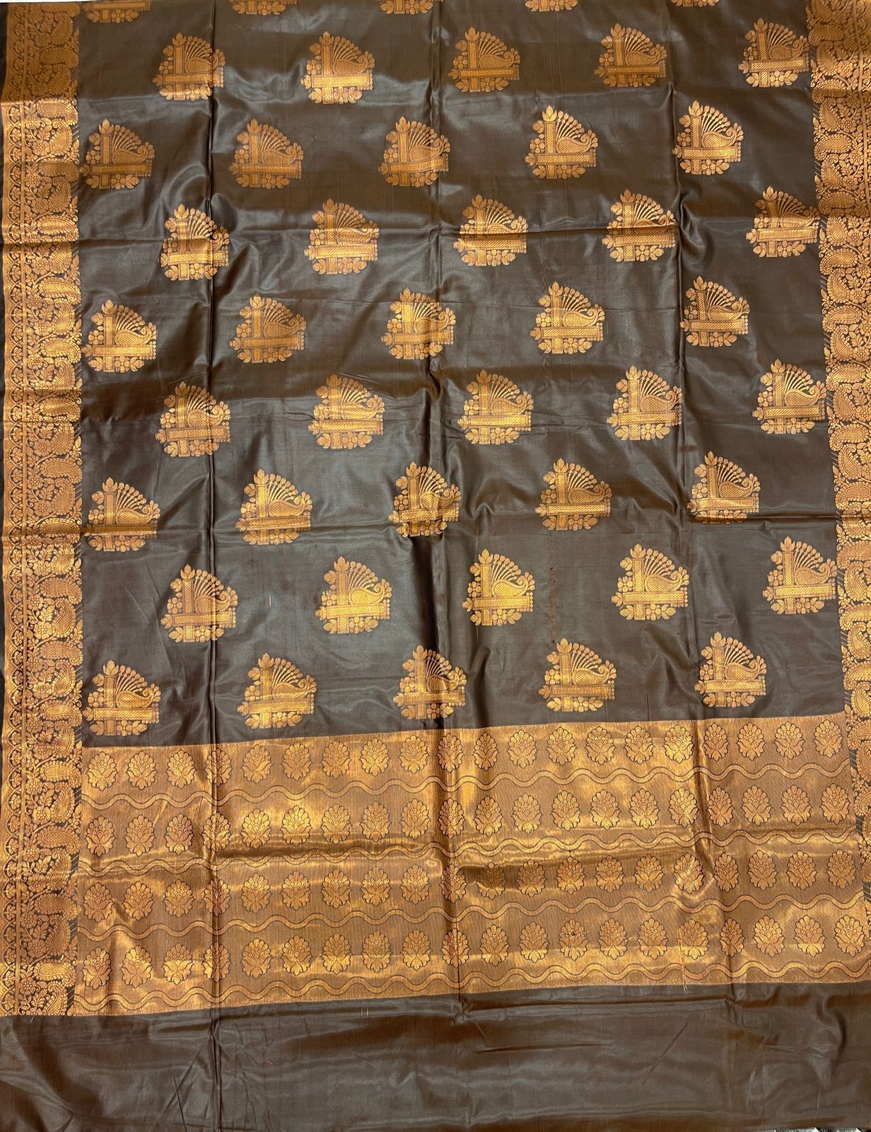 Faishana Presents Black Art Silk Copper Zari Floral Boota Contrast Copper Zari Border and Banarasi Pallu with Black Blouse