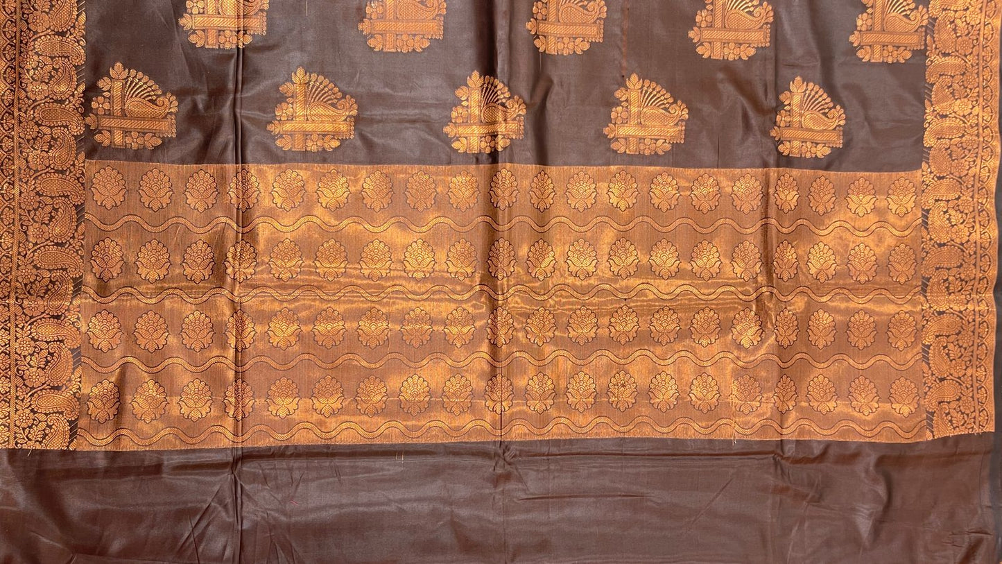 Faishana Presents Black Art Silk Copper Zari Floral Boota Contrast Copper Zari Border and Banarasi Pallu with Black Blouse
