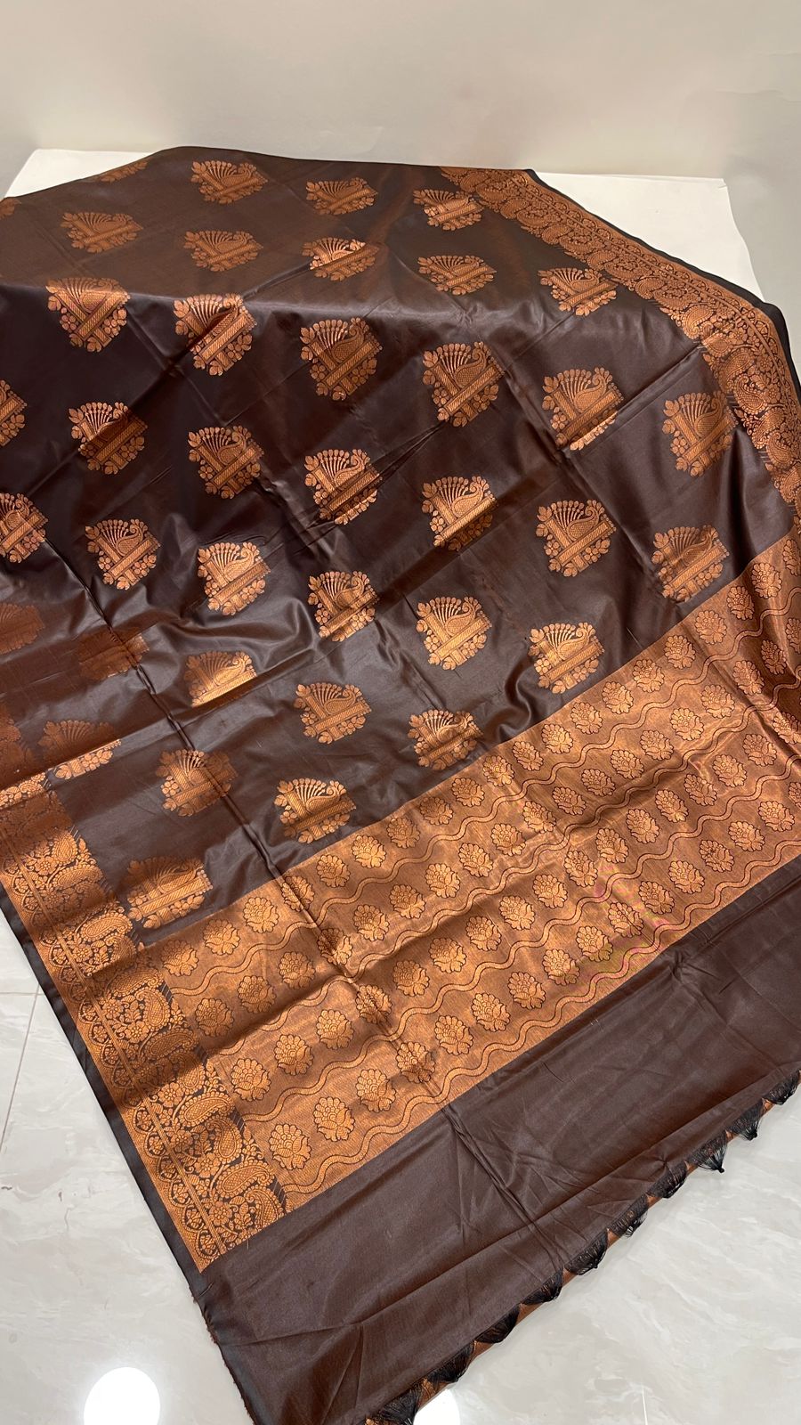 Faishana Presents Black Art Silk Copper Zari Floral Boota Contrast Copper Zari Border and Banarasi Pallu with Black Blouse