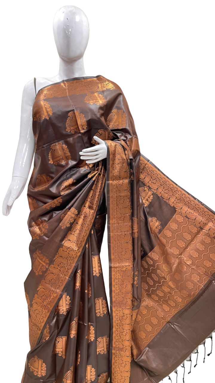 Faishana Presents Black Art Silk Copper Zari Floral Boota Contrast Copper Zari Border and Banarasi Pallu with Black Blouse