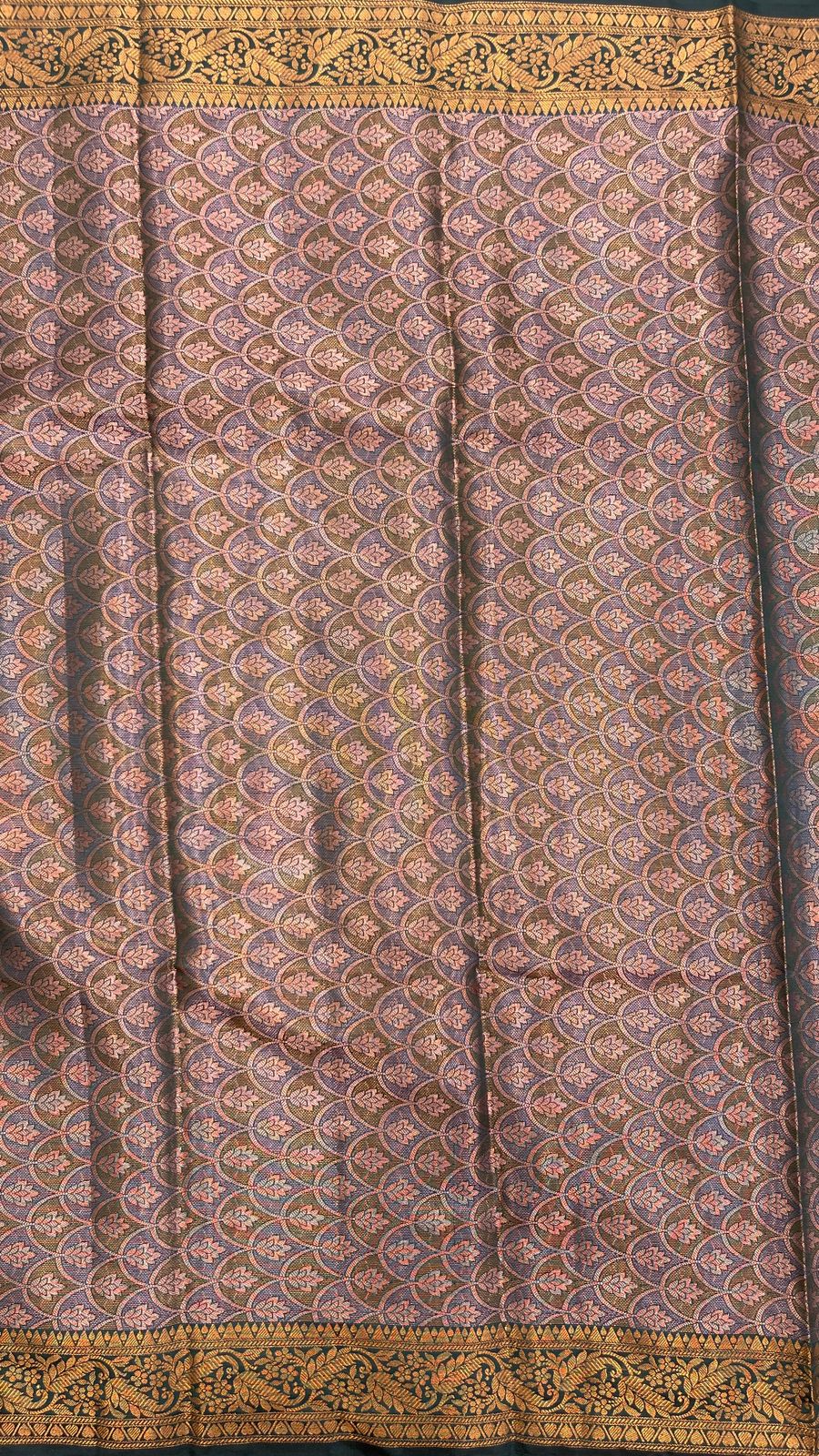 Faishana Presents Dark Green Cotton Floral Leaf Boota with Golden Paisley Zari Border and Copper Banarasi Pallu with Green Blouse