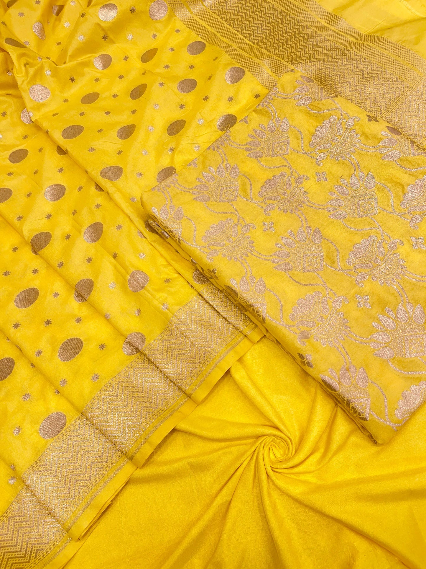 Faishana Presents Gold Floral Zari Jaal 3pcs Suit with Gold Polka dot Chunri Booti Dupatta and Plain Gold Bottom