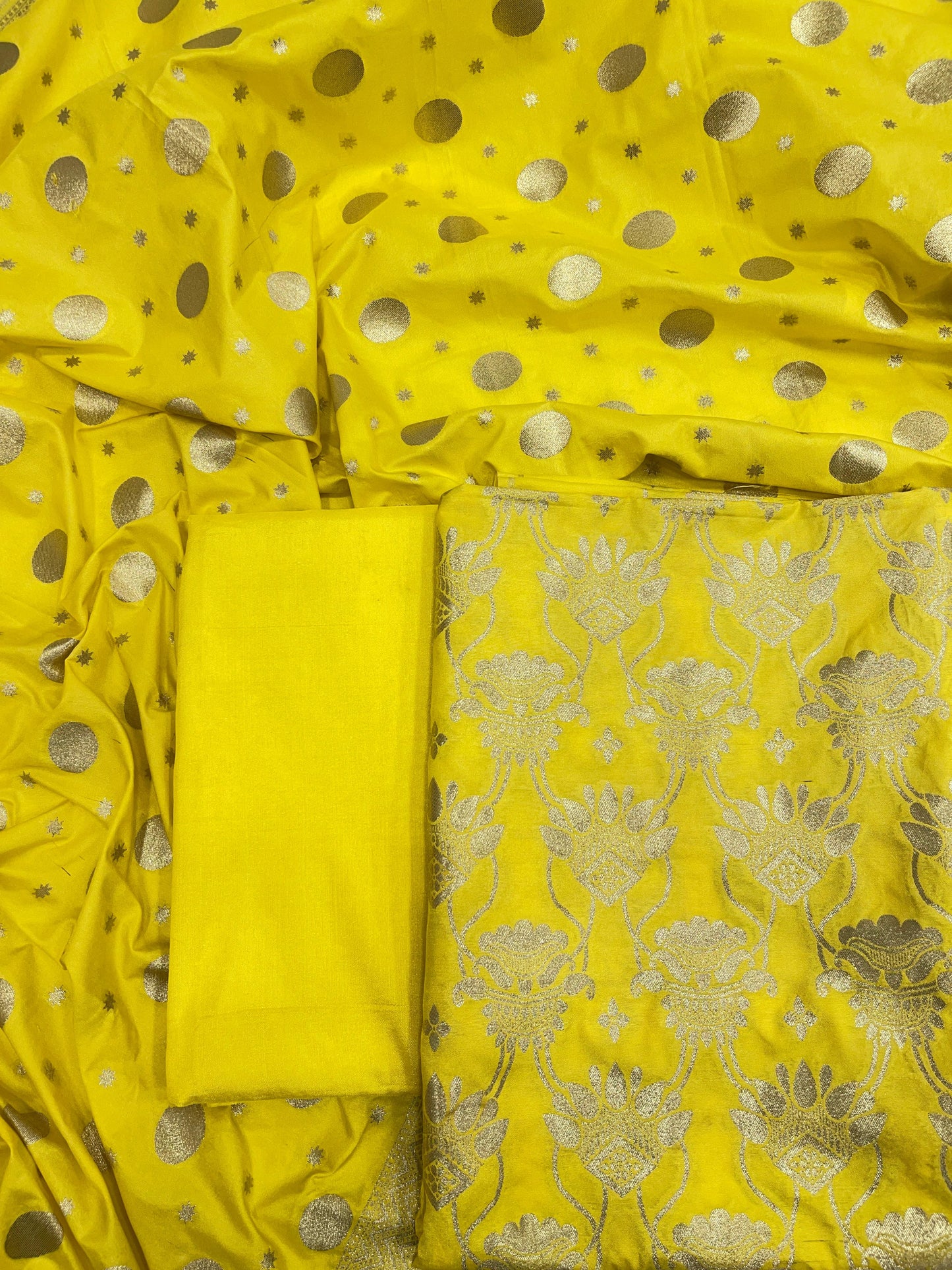 Faishana Presents Gold Floral Zari Jaal 3pcs Suit with Gold Polka dot Chunri Booti Dupatta and Plain Gold Bottom