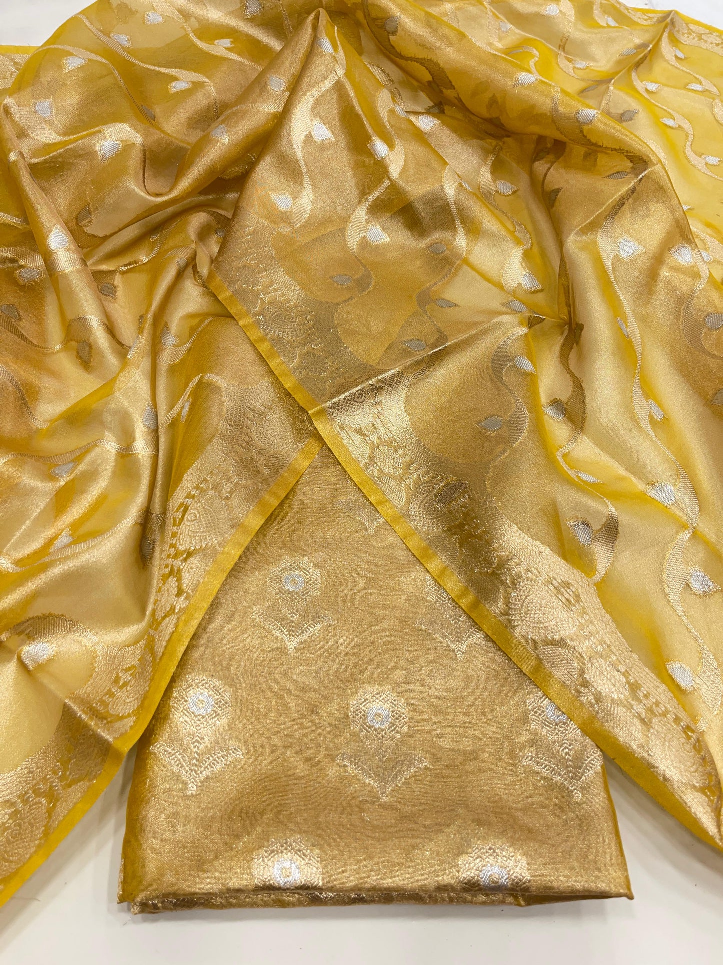 Faishana Presents Gold Floral Sona Zari Rupa Mina Booti 3pcs Suit with Lehariya Silver Mina Gold Stripe Jaal Dupatta