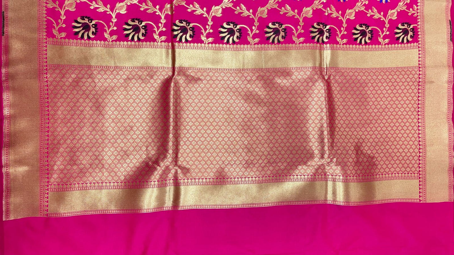 Faishana Presents Pink Katan Silk Floral Mina Zari Jaal Boota with Banarasi Zari Border and Pink Blouse