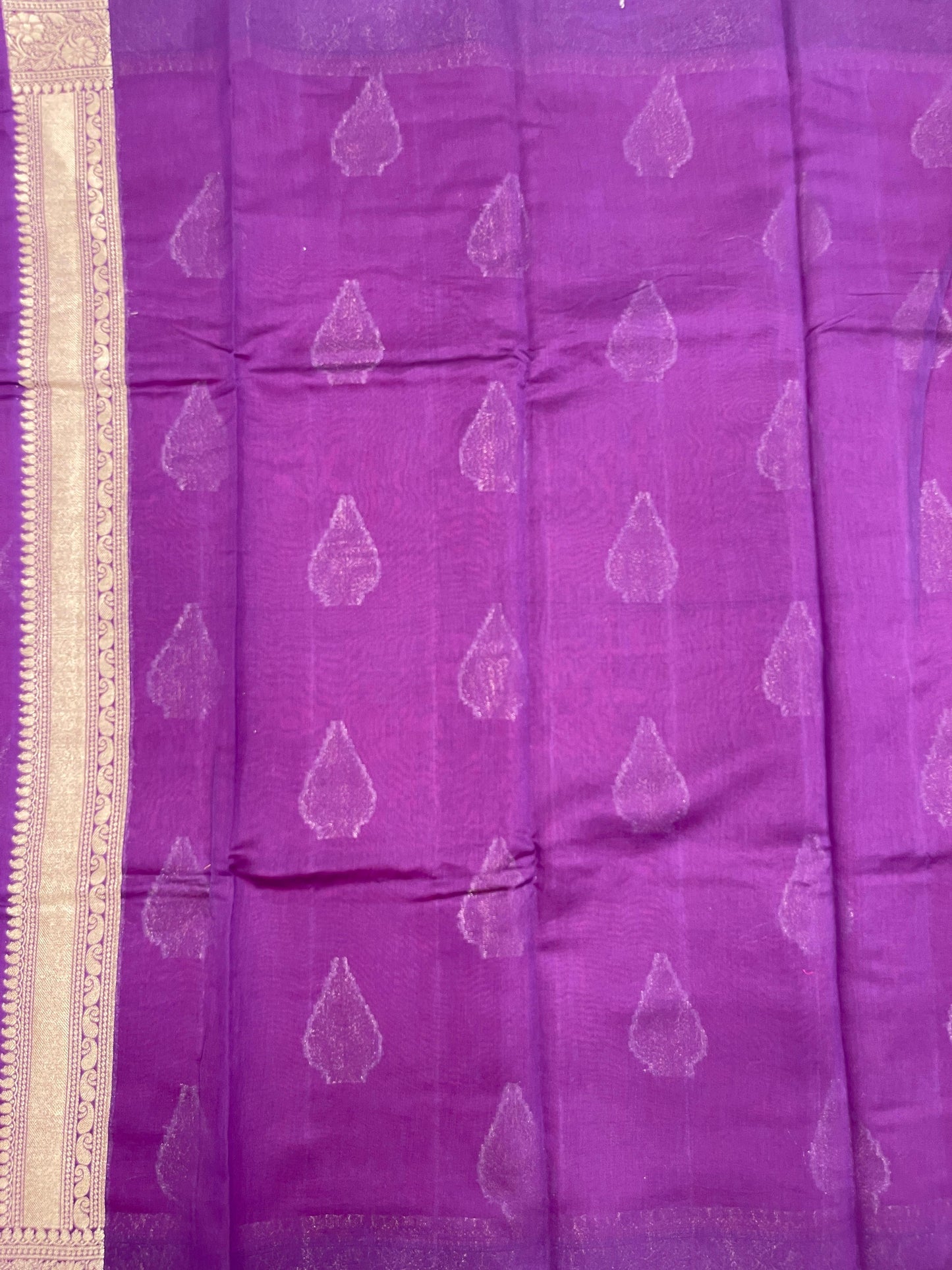 Faishana Pure Handloom Pink Cotton Golden Floral Zari Booti Contrast Purple Floral Zari Jaal Border and Pallu with Purple Blouse