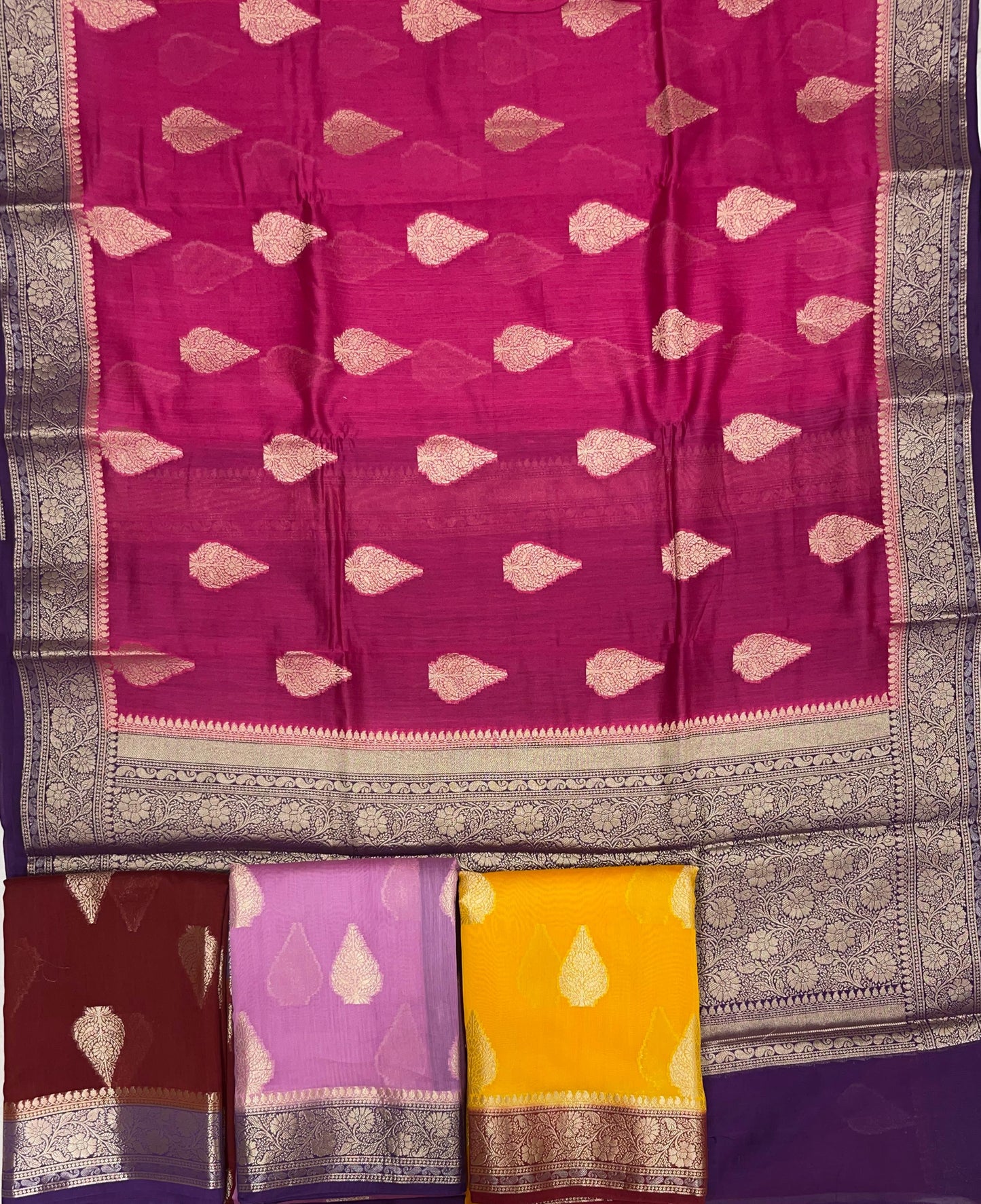 Faishana Pure Handloom Pink Cotton Golden Floral Zari Booti Contrast Purple Floral Zari Jaal Border and Pallu with Purple Blouse