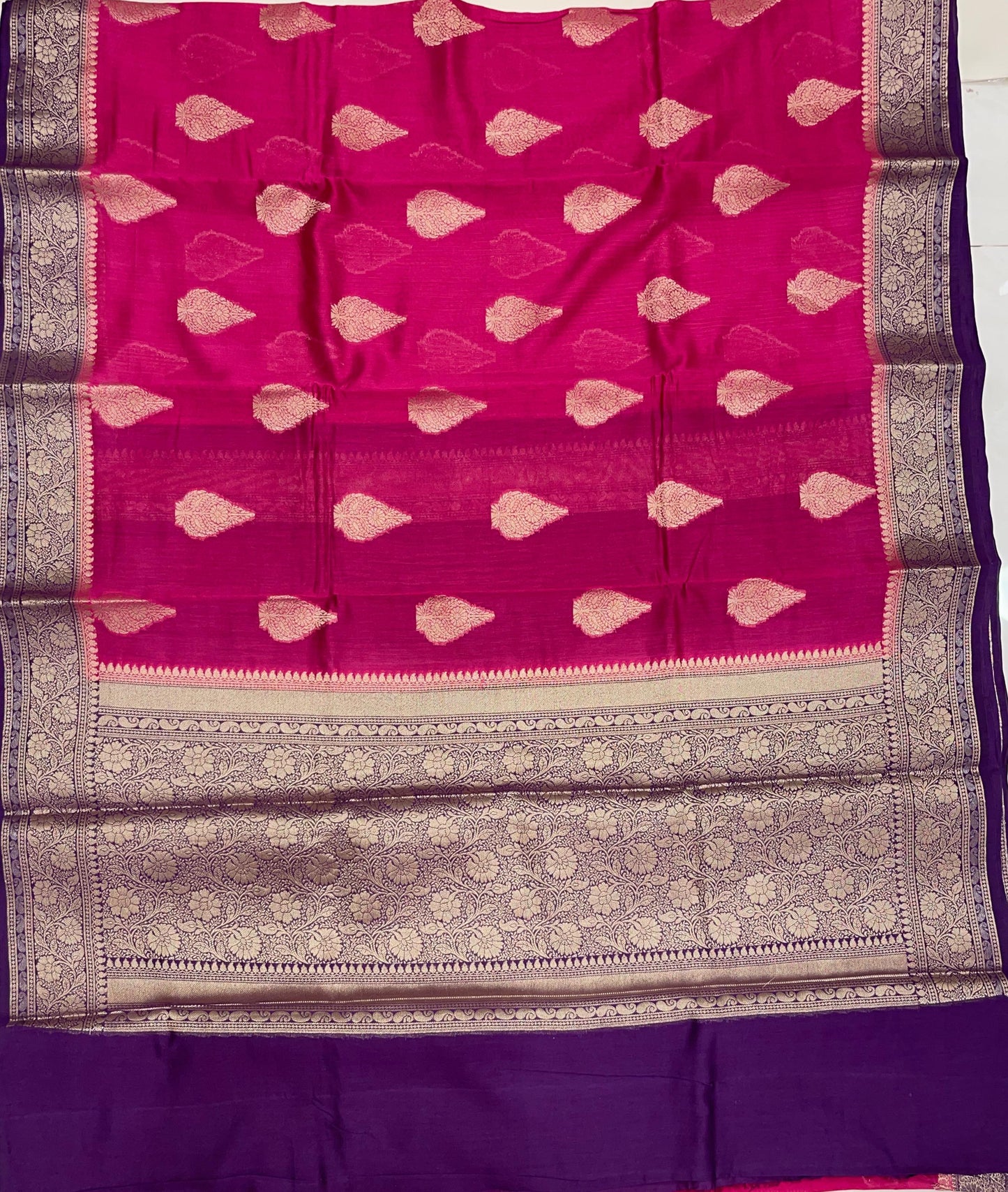 Faishana Pure Handloom Pink Cotton Golden Floral Zari Booti Contrast Purple Floral Zari Jaal Border and Pallu with Purple Blouse