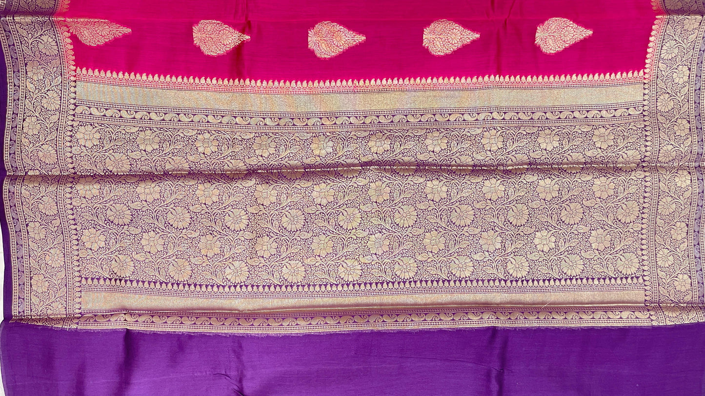Faishana Pure Handloom Pink Cotton Golden Floral Zari Booti Contrast Purple Floral Zari Jaal Border and Pallu with Purple Blouse