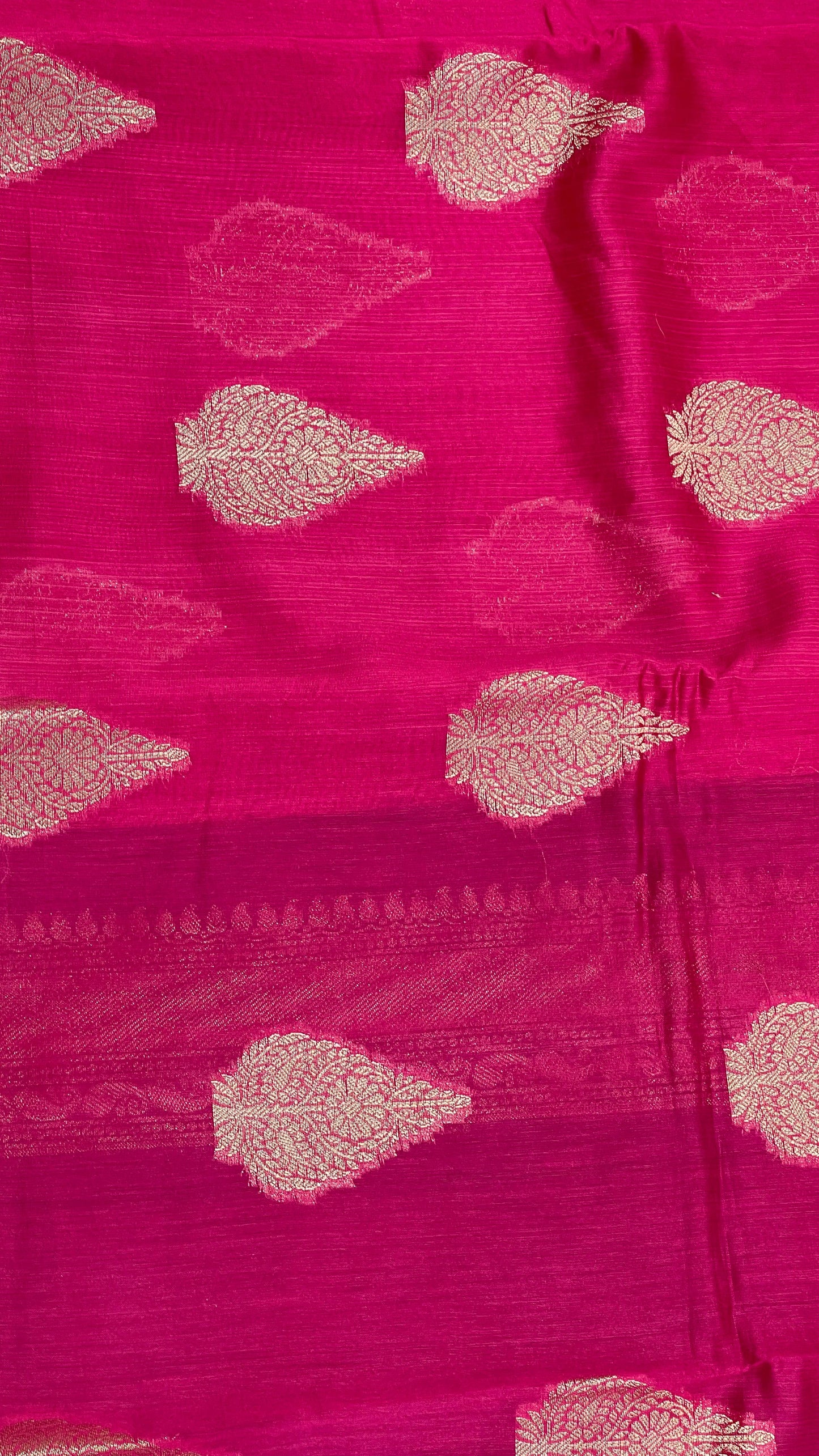 Faishana Pure Handloom Pink Cotton Golden Floral Zari Booti Contrast Purple Floral Zari Jaal Border and Pallu with Purple Blouse