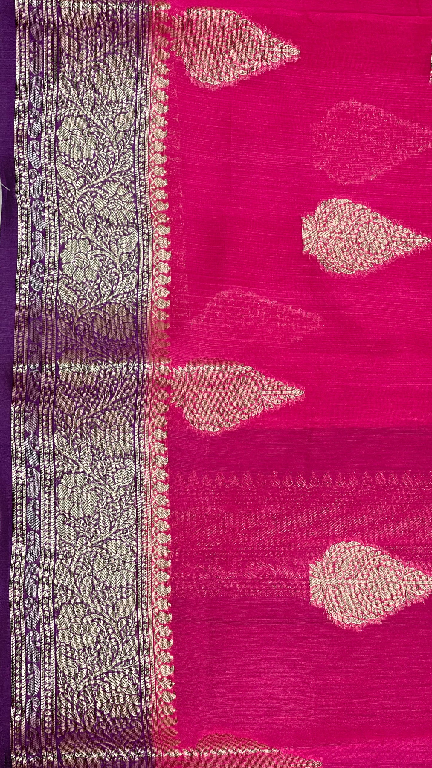 Faishana Pure Handloom Pink Cotton Golden Floral Zari Booti Contrast Purple Floral Zari Jaal Border and Pallu with Purple Blouse
