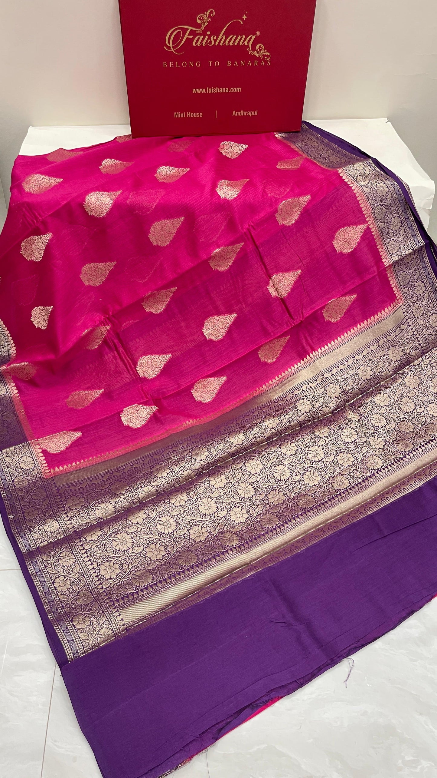 Faishana Pure Handloom Pink Cotton Golden Floral Zari Booti Contrast Purple Floral Zari Jaal Border and Pallu with Purple Blouse